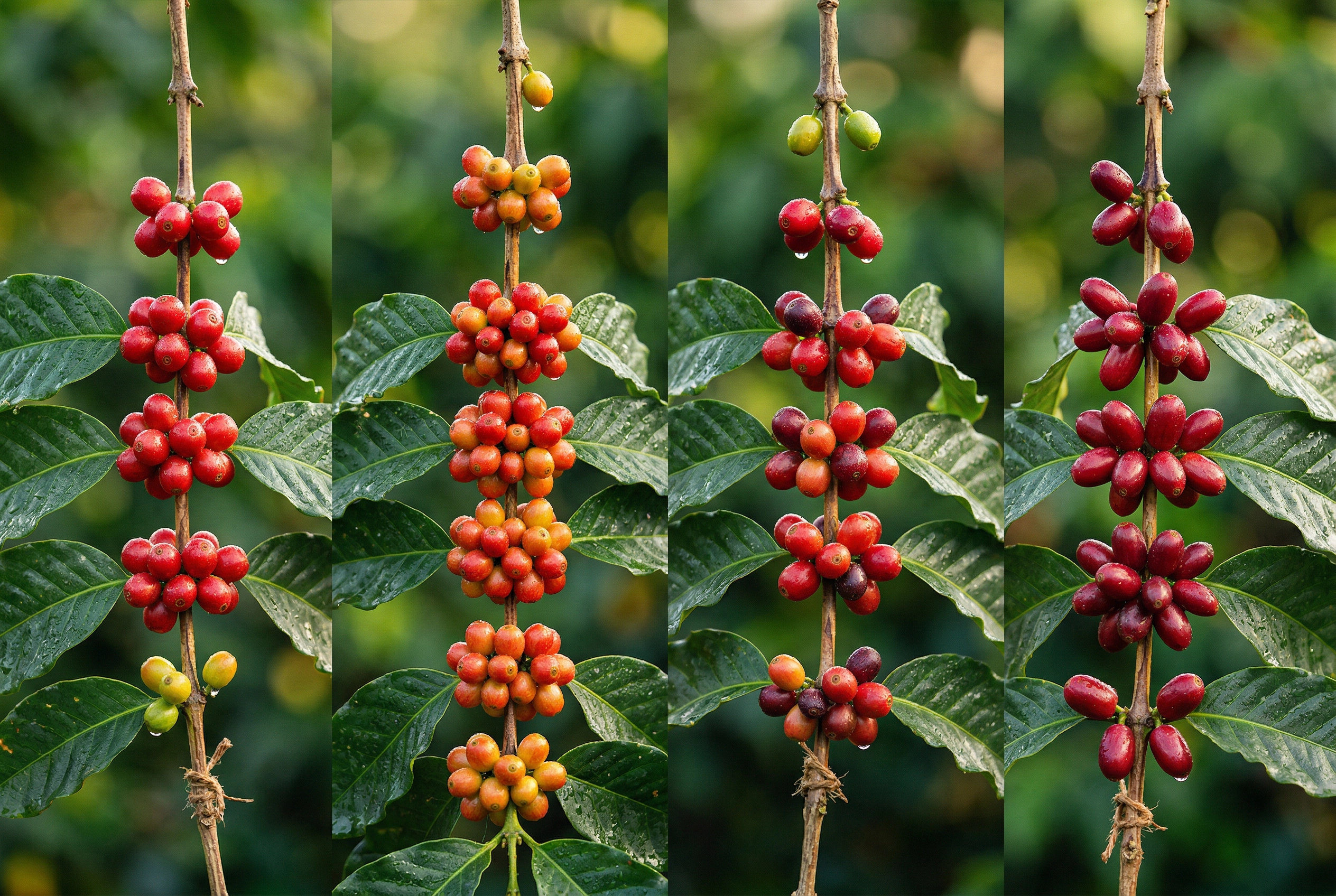 Different Colombian Arabica coffee varieties showing distinct cherry shapes on branches with morning dew