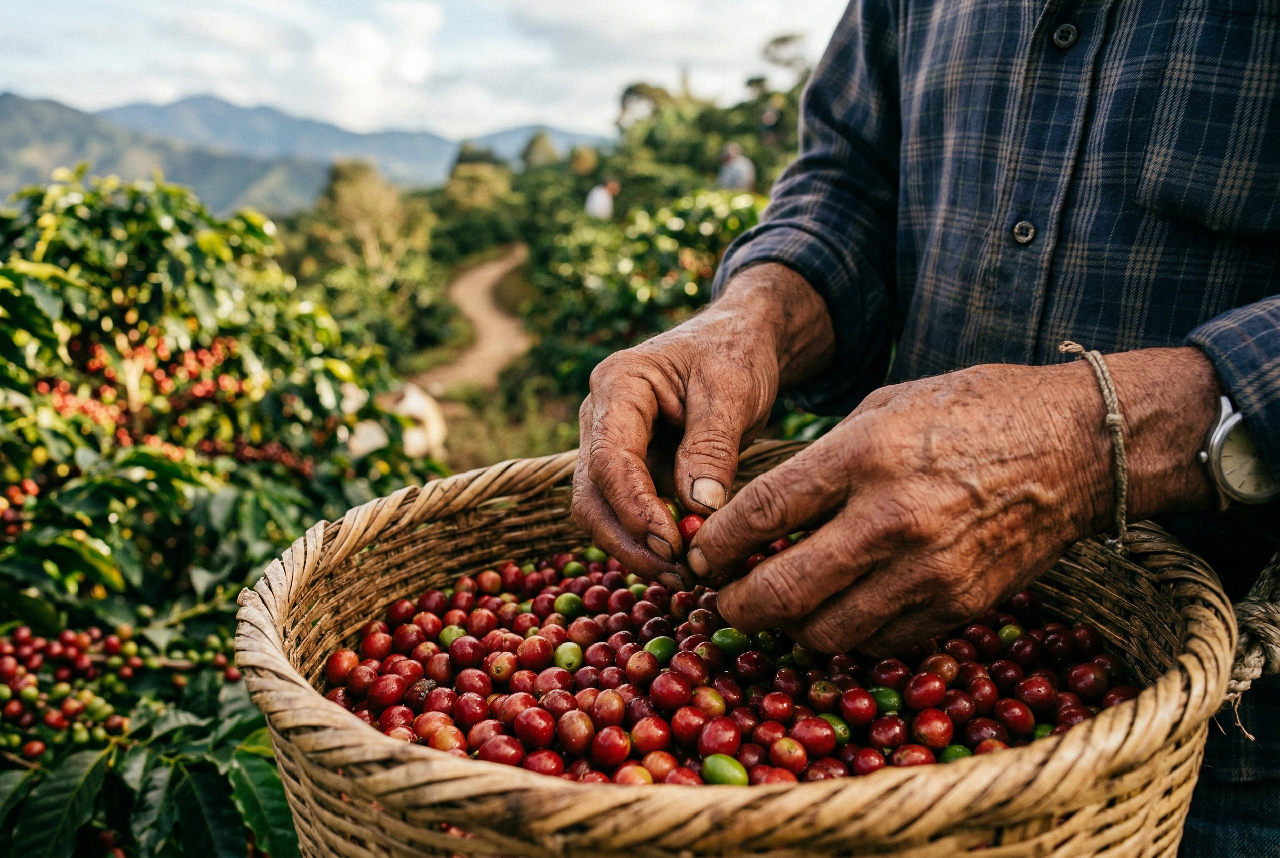 Colombian coffee farmer sorting ripe red coffee cherries by hand during selective harvesting