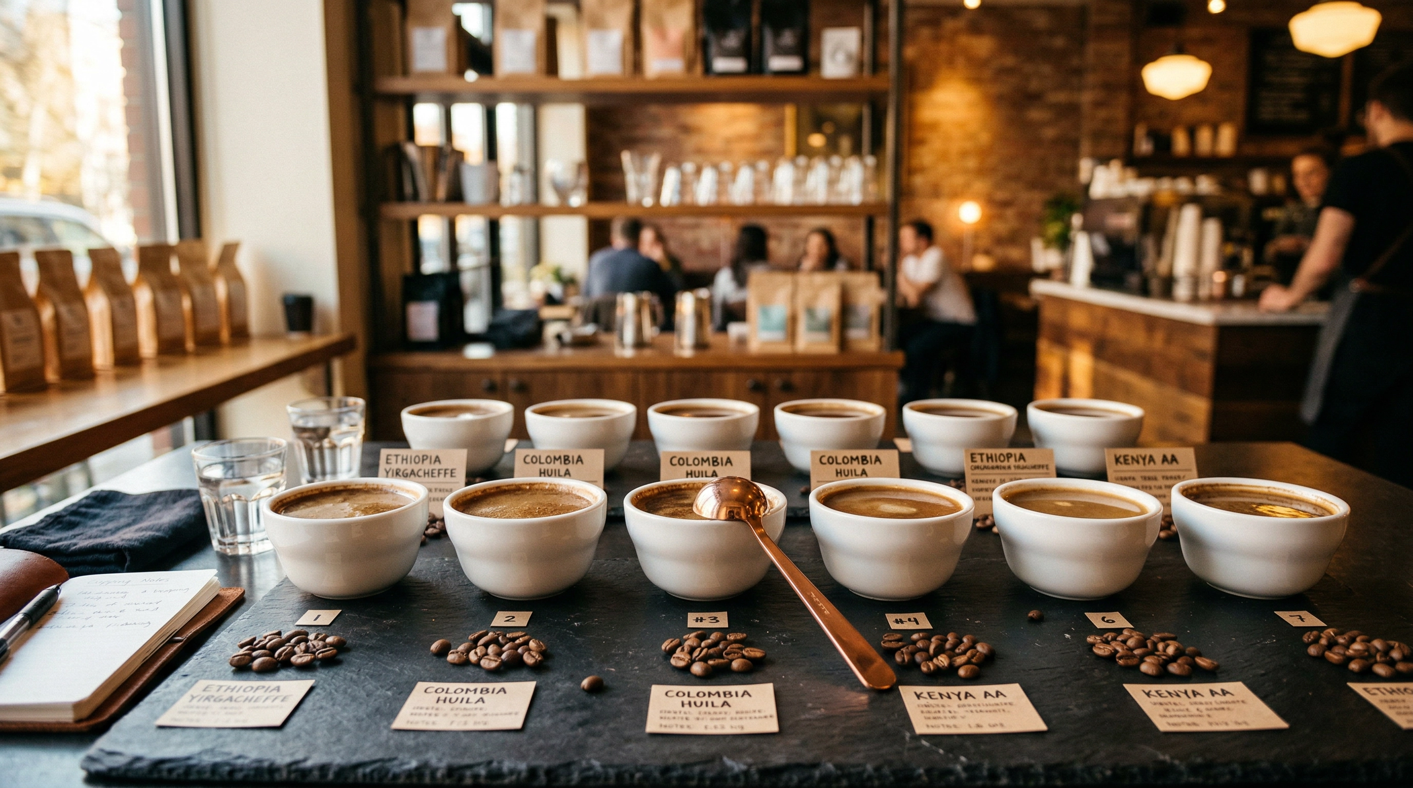 Colombian coffee flavor profile cupping session with multiple coffee varieties displayed in ceramic bowls