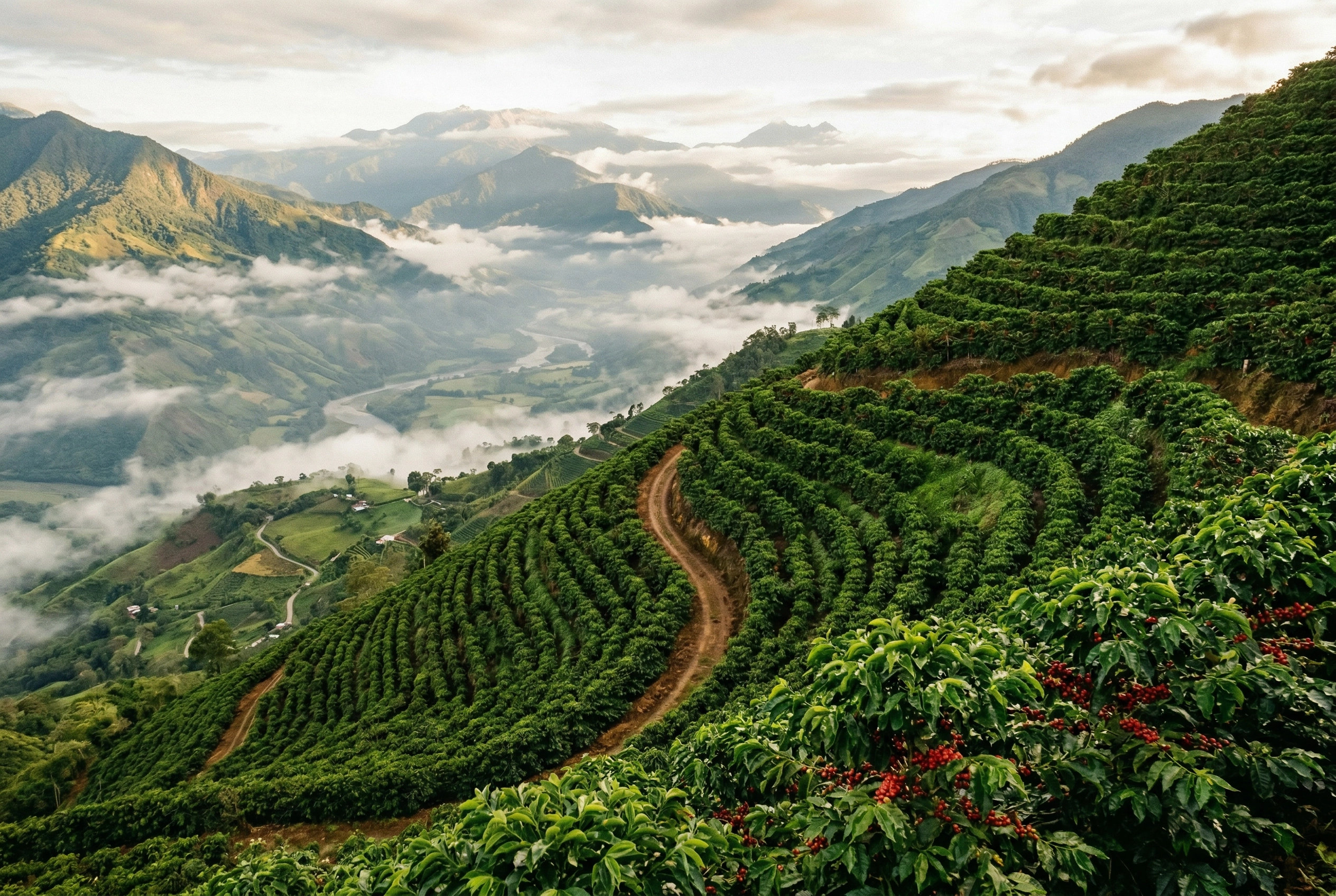 Colombian coffee growing region with terraced plantations on steep Andean mountain slopes near volcanic peaks