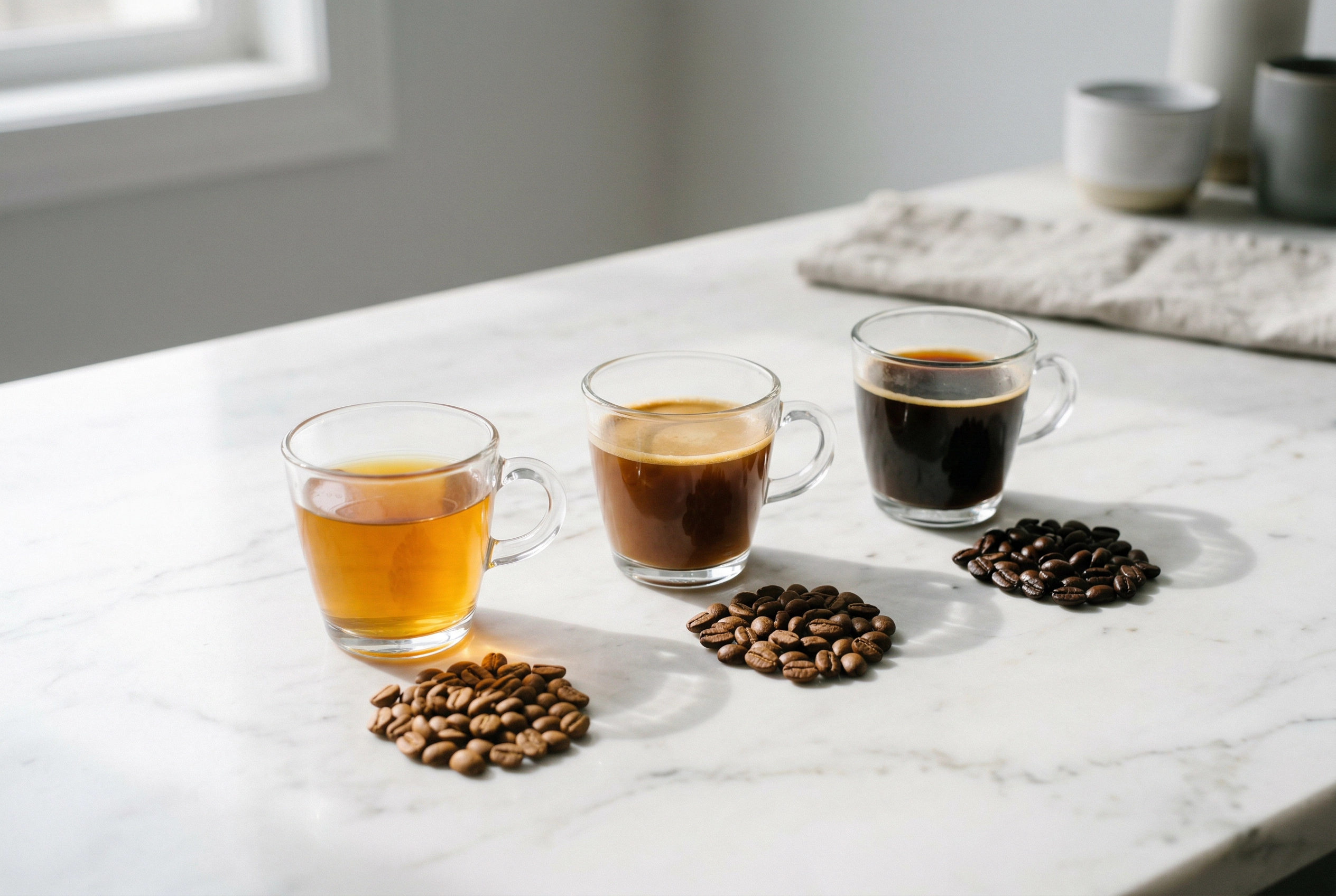 Three cups of Colombian coffee showing light medium and dark roast levels with corresponding beans
