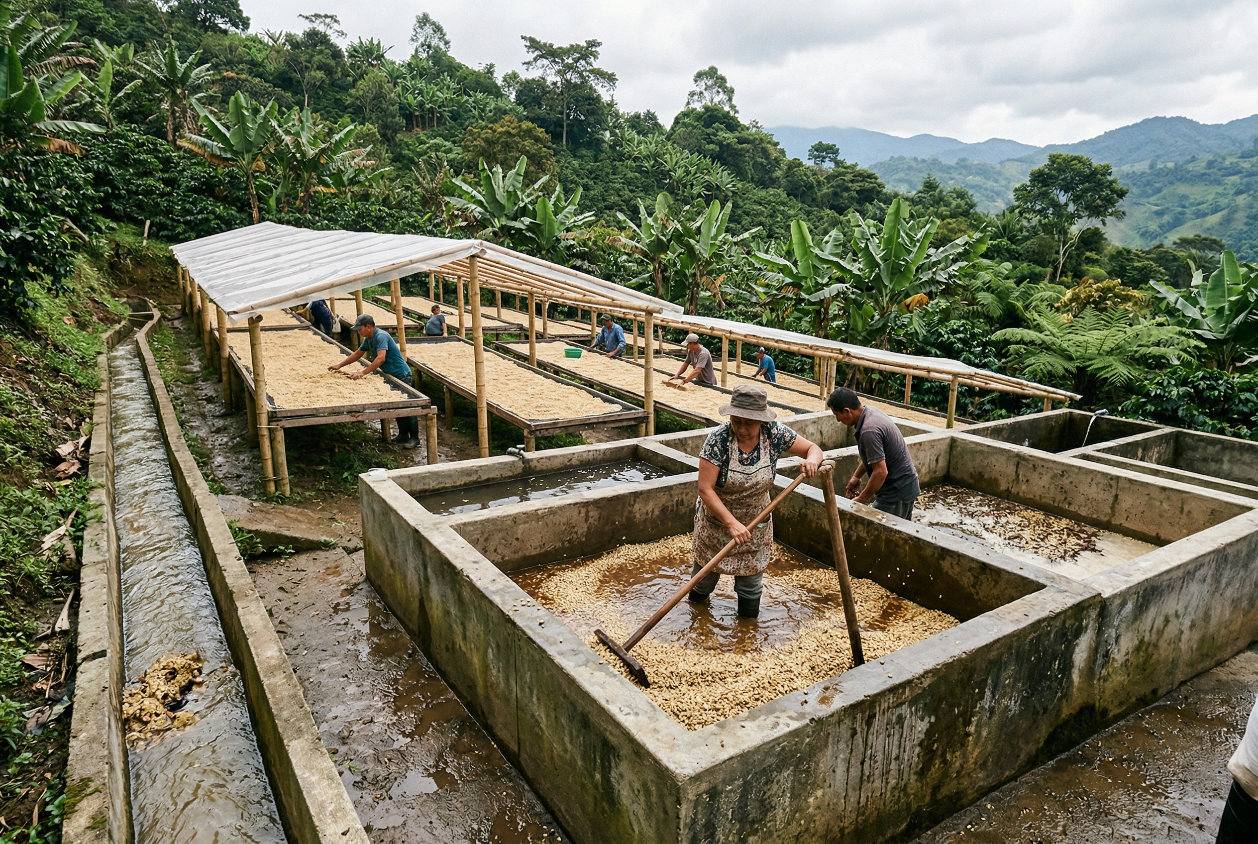 Colombian coffee washed processing station with fermentation tanks and drying beds on a hillside farm