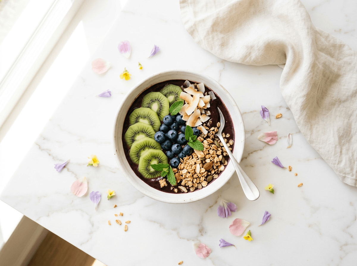 Bright airy food photography of colorful smoothie bowl on white marble background with natural sunlight