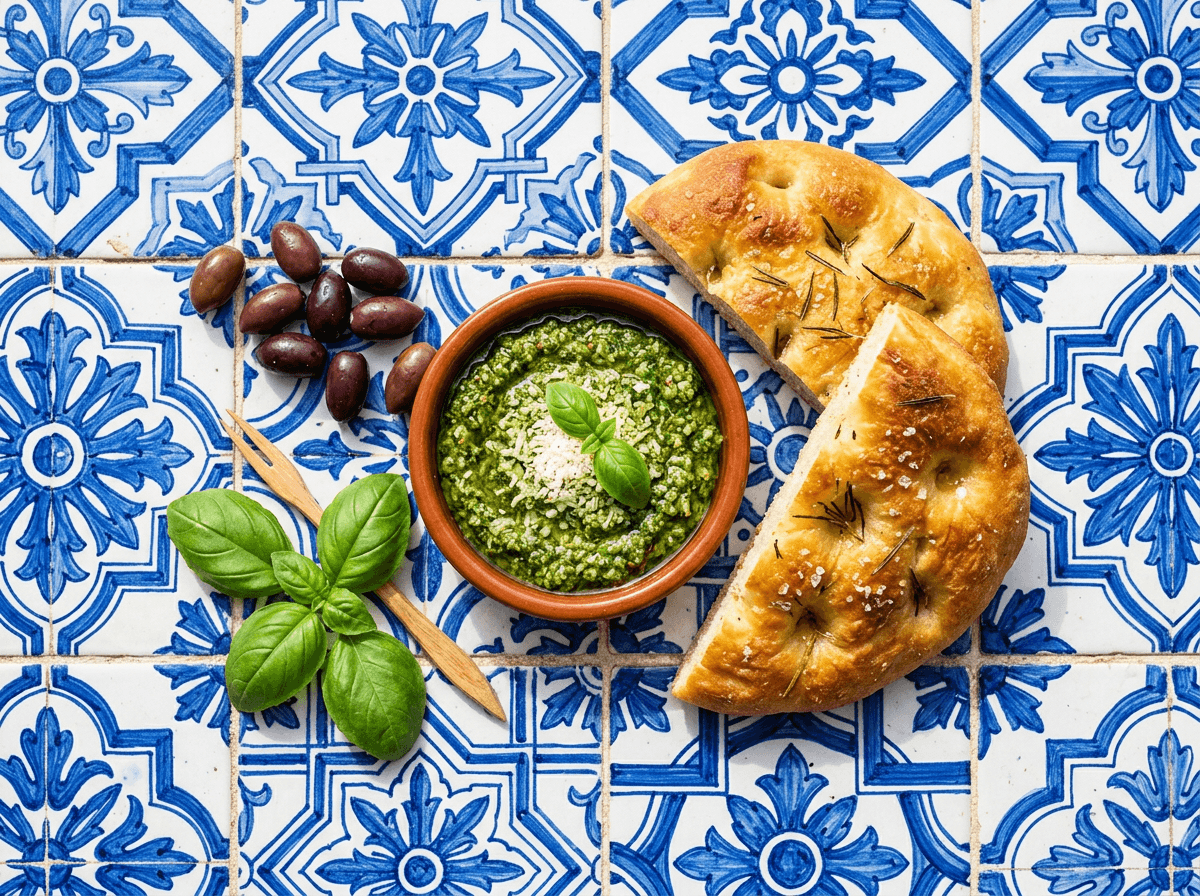 Mediterranean azulejo tile food background with pesto, focaccia, and olives showing cultural food photography aesthetic