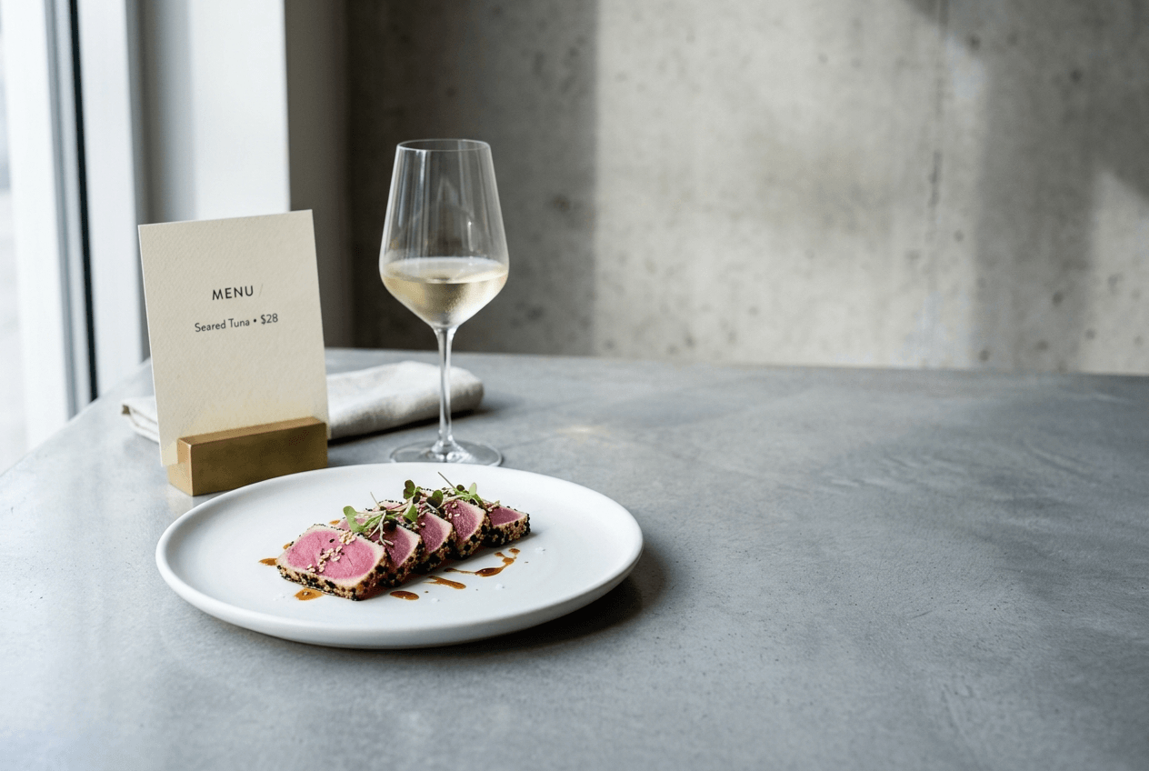 Modern minimalist food photography with seared tuna on polished concrete background showing clean contemporary aesthetic