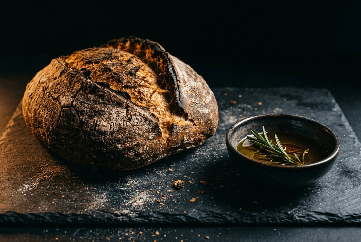 Dark moody food photography of artisan sourdough bread on charcoal slate background with dramatic side lighting