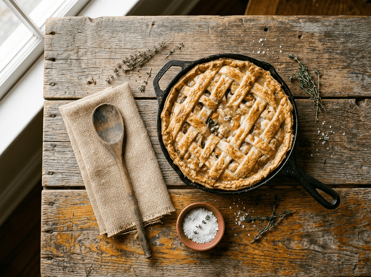 Overhead rustic food photography on reclaimed barnwood background with cast iron skillet and farm-to-table styling