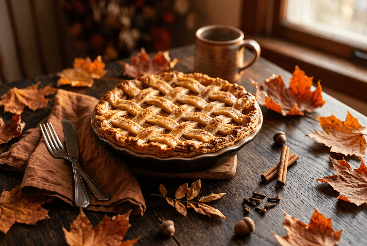 Autumn seasonal food photography with pumpkin pie surrounded by dried leaves and warm harvest elements