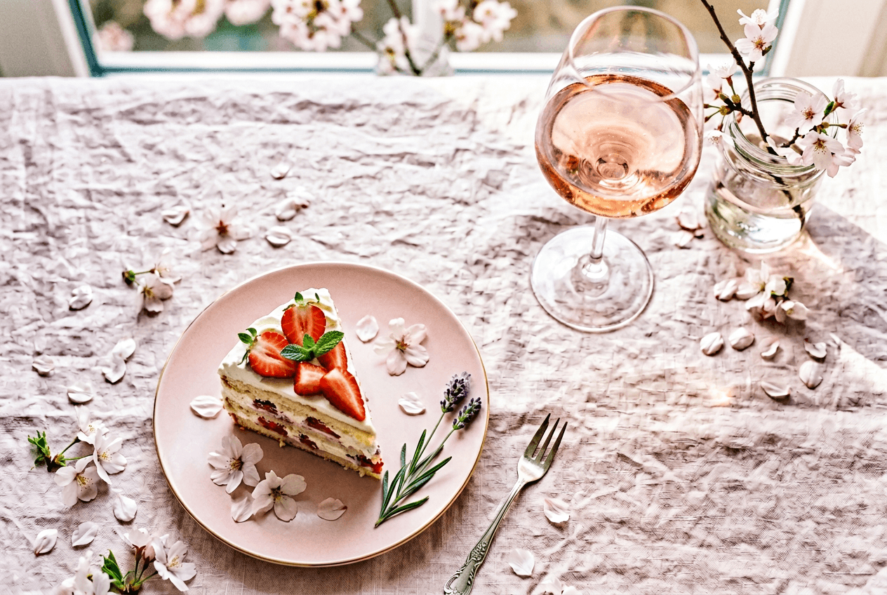 Spring food photography background with cherry blossom petals, strawberry cake, and pastel linen aesthetic
