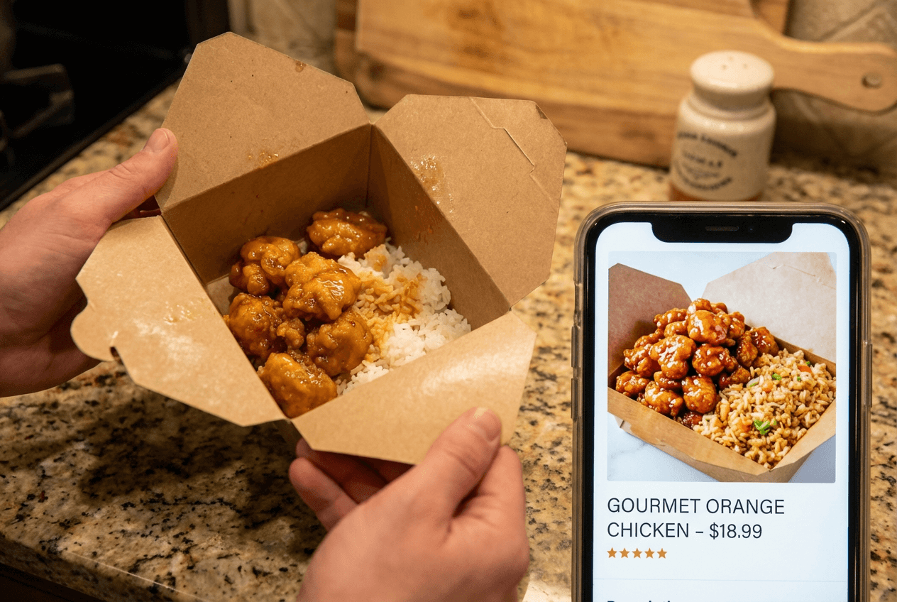 Customer comparing delivered food to an AI-generated listing photo showing the trust gap in food delivery