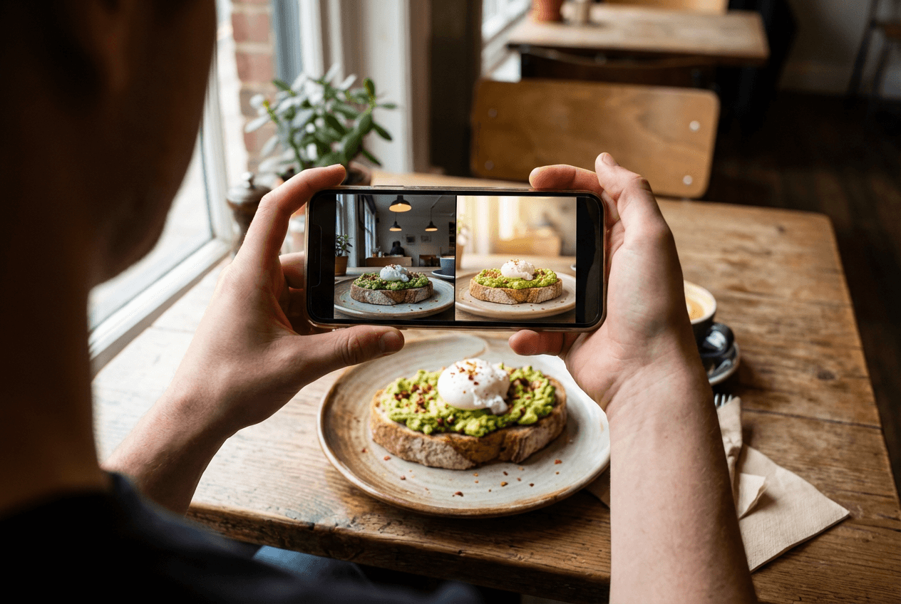 AI food photo enhancer transforming a smartphone food photo into professional restaurant photography