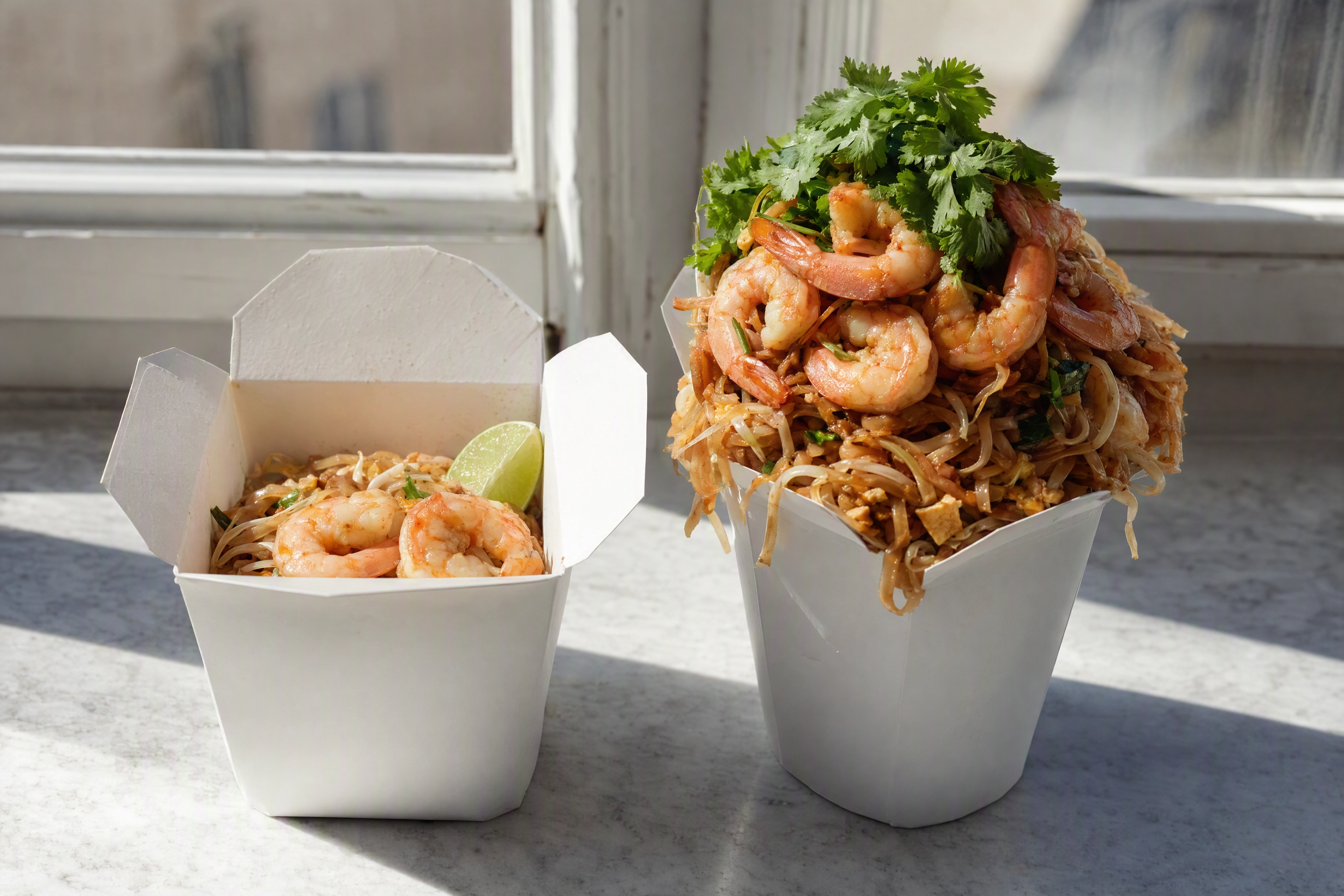 Two identical takeaway containers, one honest portion and one inflated, showing menu photo misrepresentation
