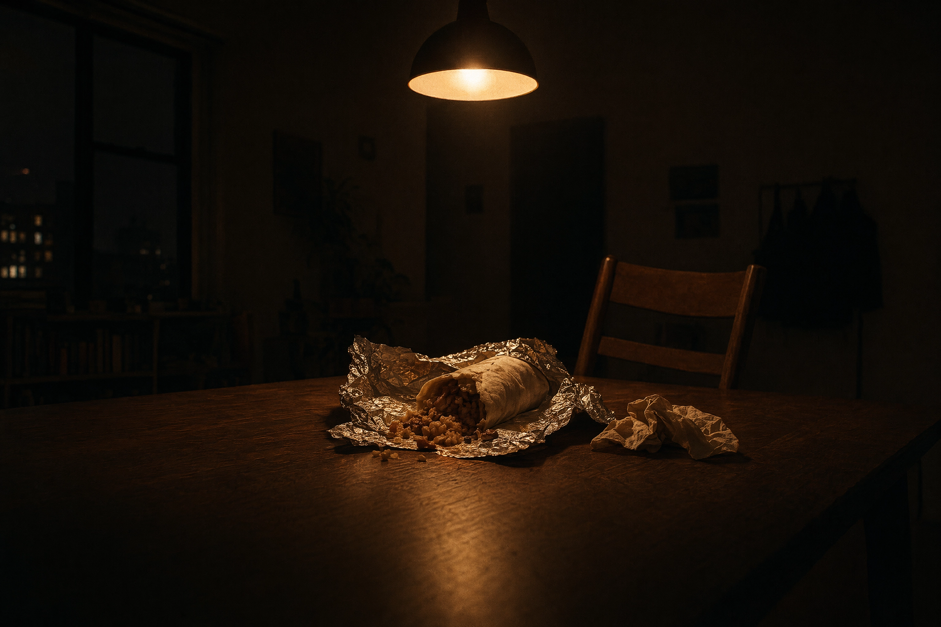 Cold half-unwrapped burrito abandoned on a dark table, the refund cost of an over-promising menu photo