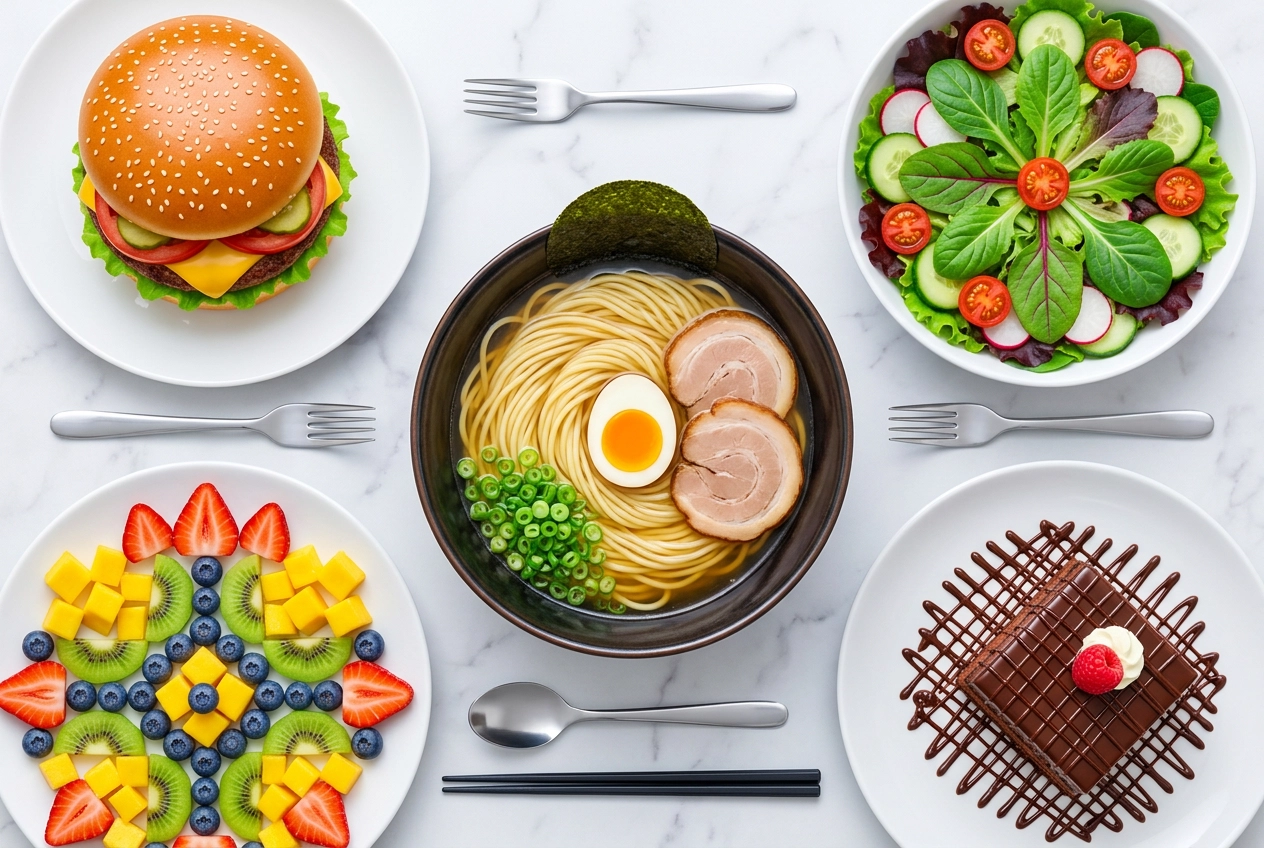 AI generated food showing uncanny perfection with impossibly symmetrical dishes that look too perfect to be real