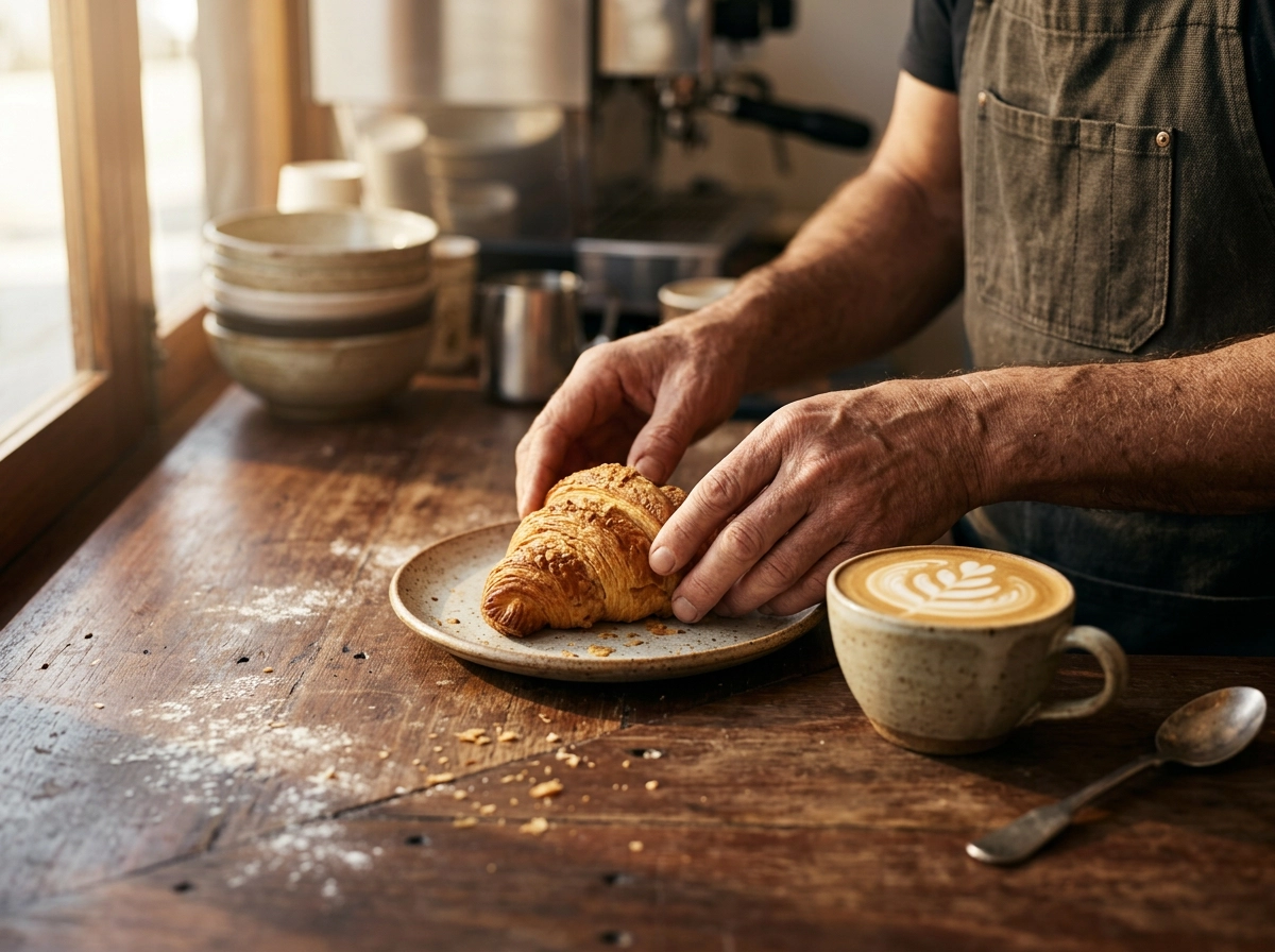 Cafe owner placing fresh croissant on plate showing authentic food presentation that AI enhancement preserves
