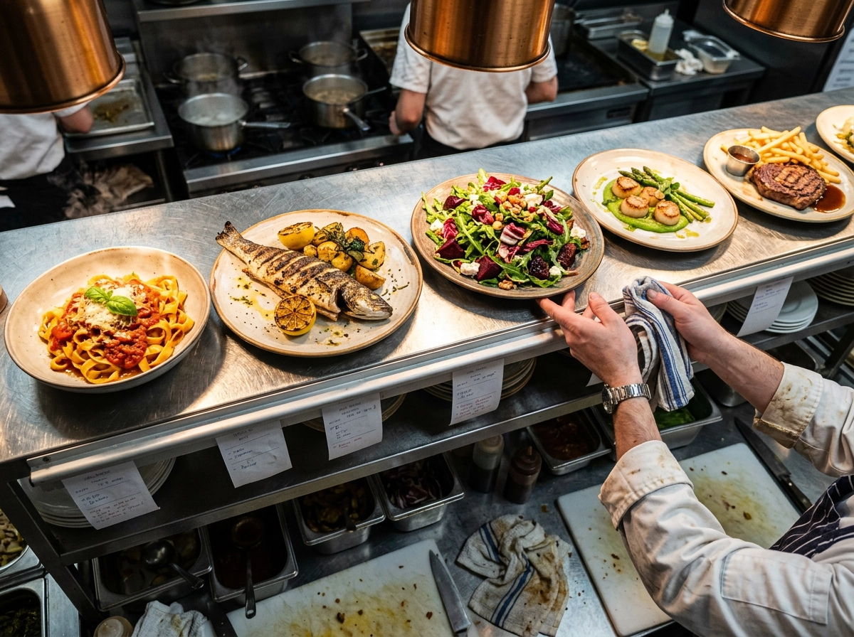 Restaurant kitchen pass with authentic real food dishes lined up showing genuine imperfections that build customer trust