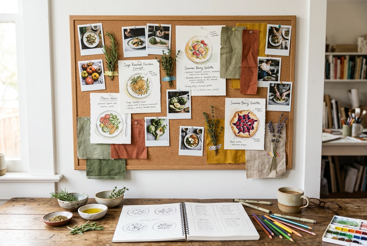 Menu development mood board with food concept sketches showing when AI food generation is appropriate for brainstorming