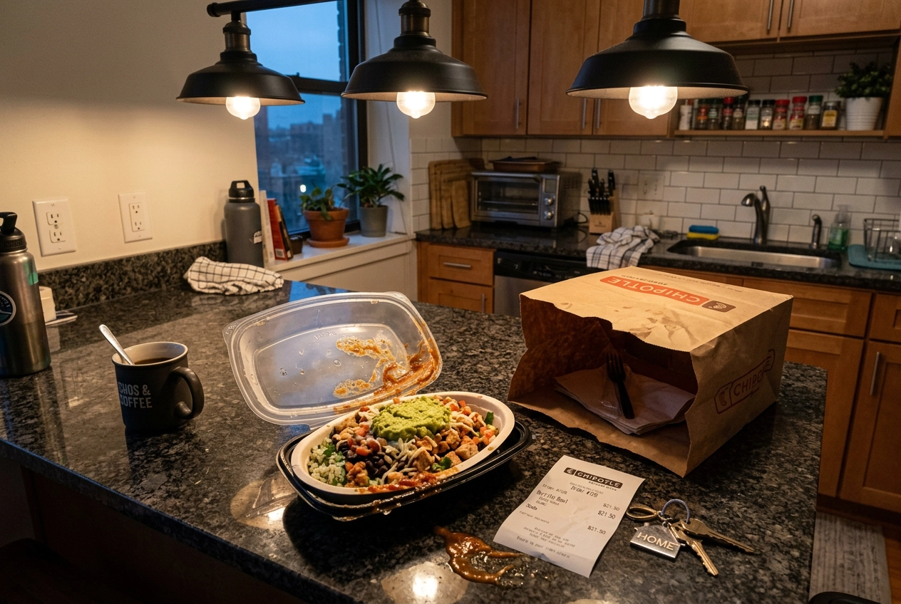 Real food delivery order arriving in takeout container showing authentic restaurant food versus AI generated expectations