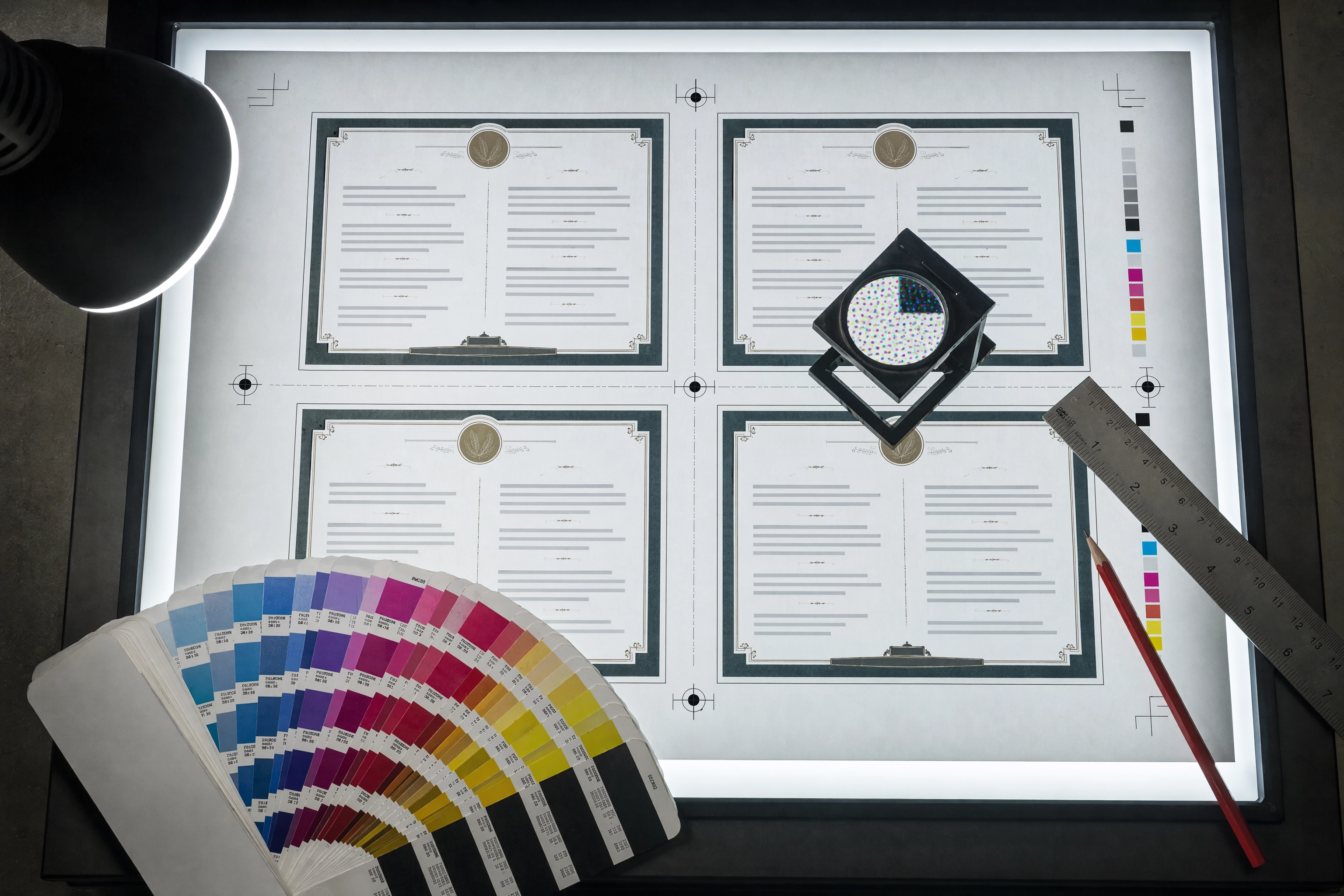 Overhead press sheet of menus on a light table with crop marks, CMYK colour bar and a loupe checking print specs