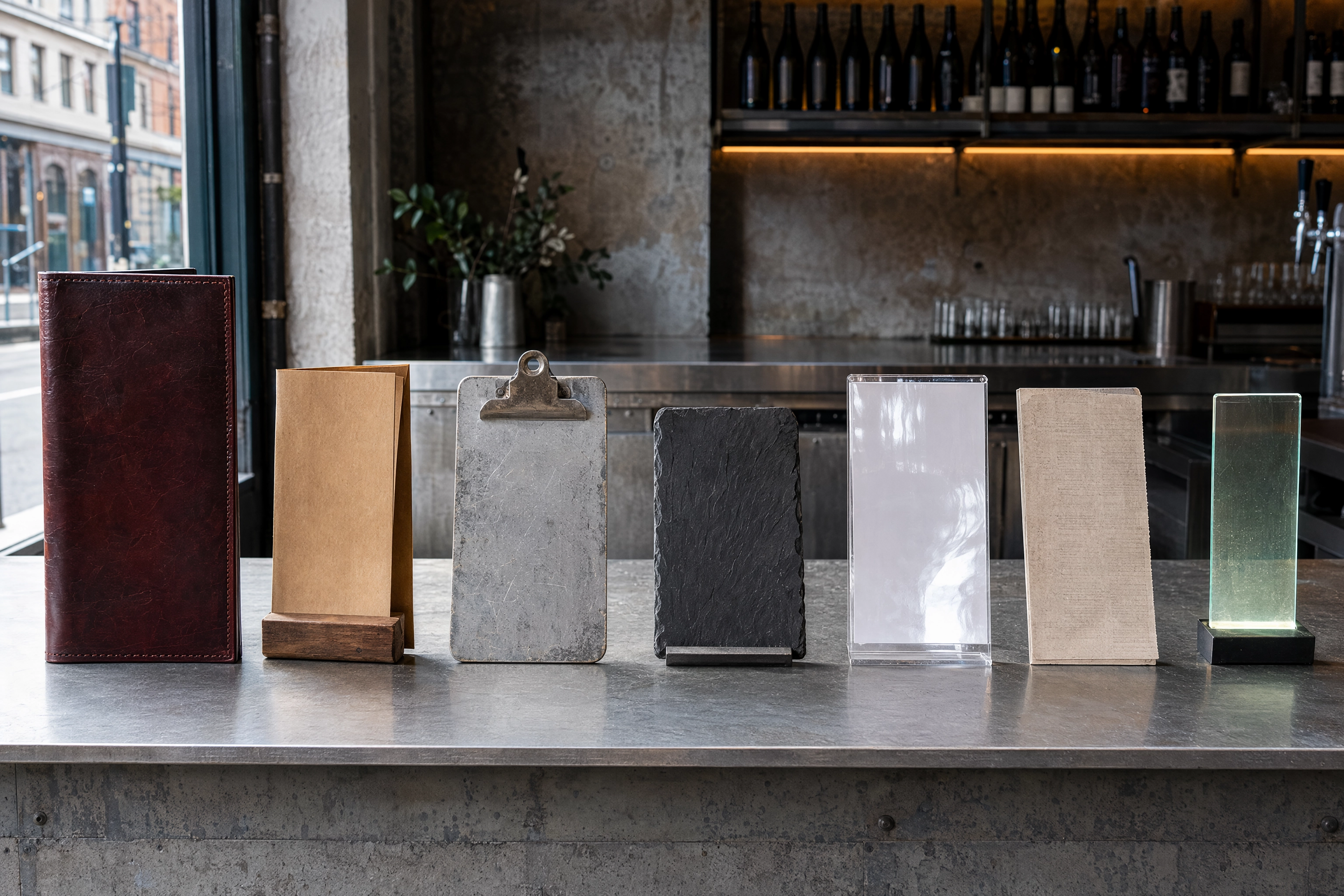 Seven different physical restaurant menu formats lined up on a zinc bar counter, one per AI menu generator category