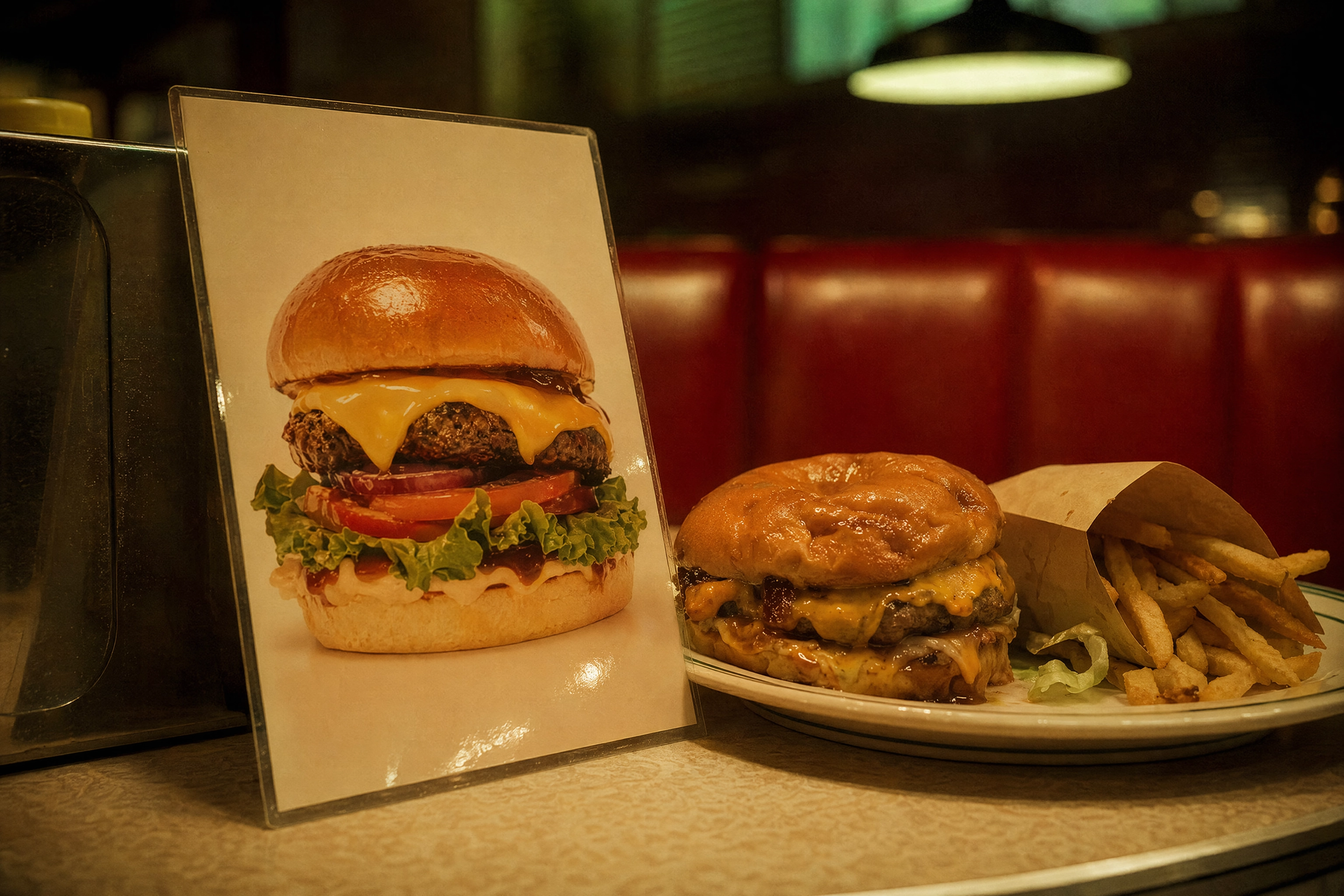 Idealised printed burger promo card leaning against the real burger served, showing stock and AI food image mismatch