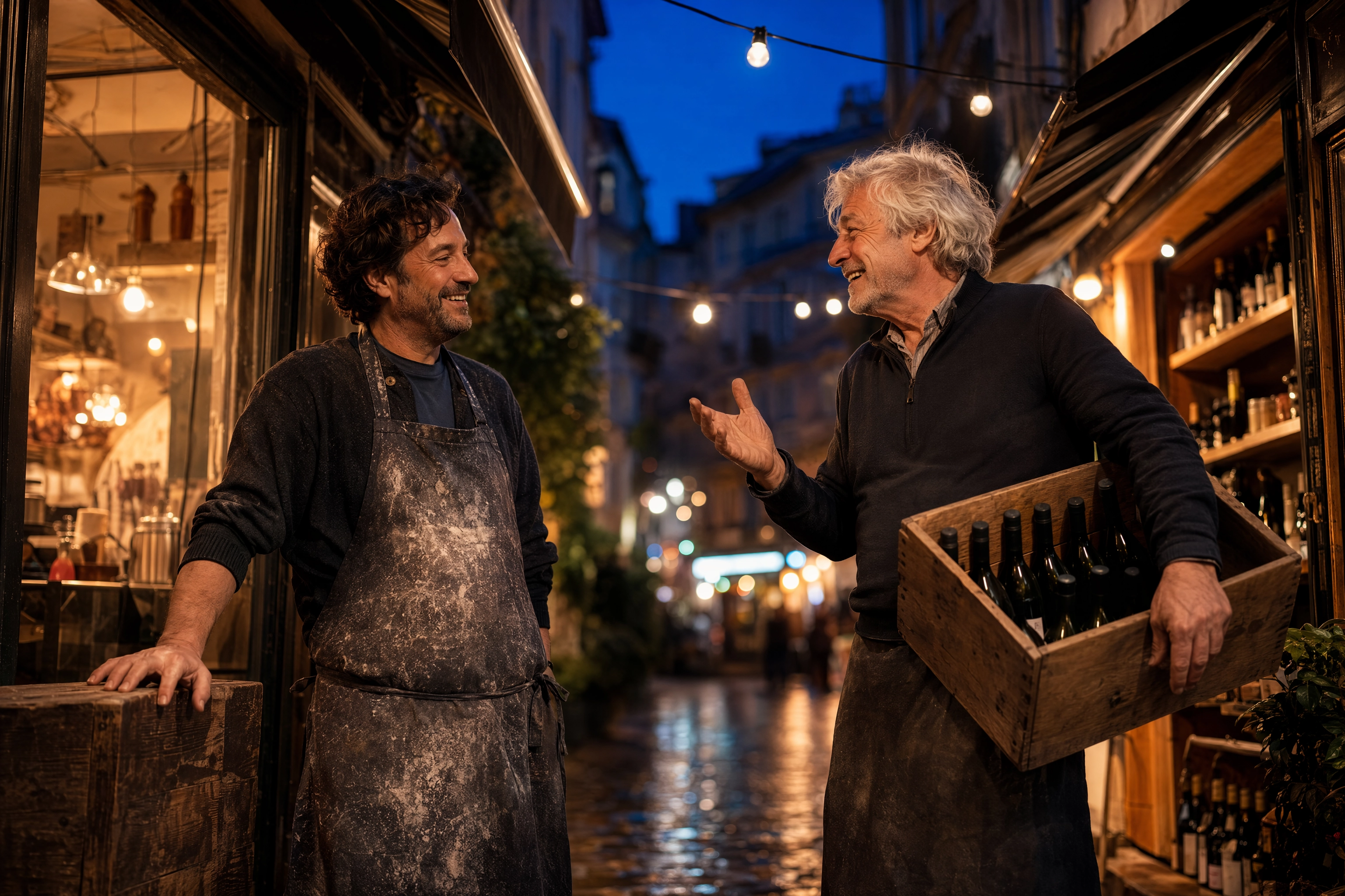 Restaurant owner talking with the neighbouring wine shop owner on the pavement at dusk, local marketing no AI can automate
