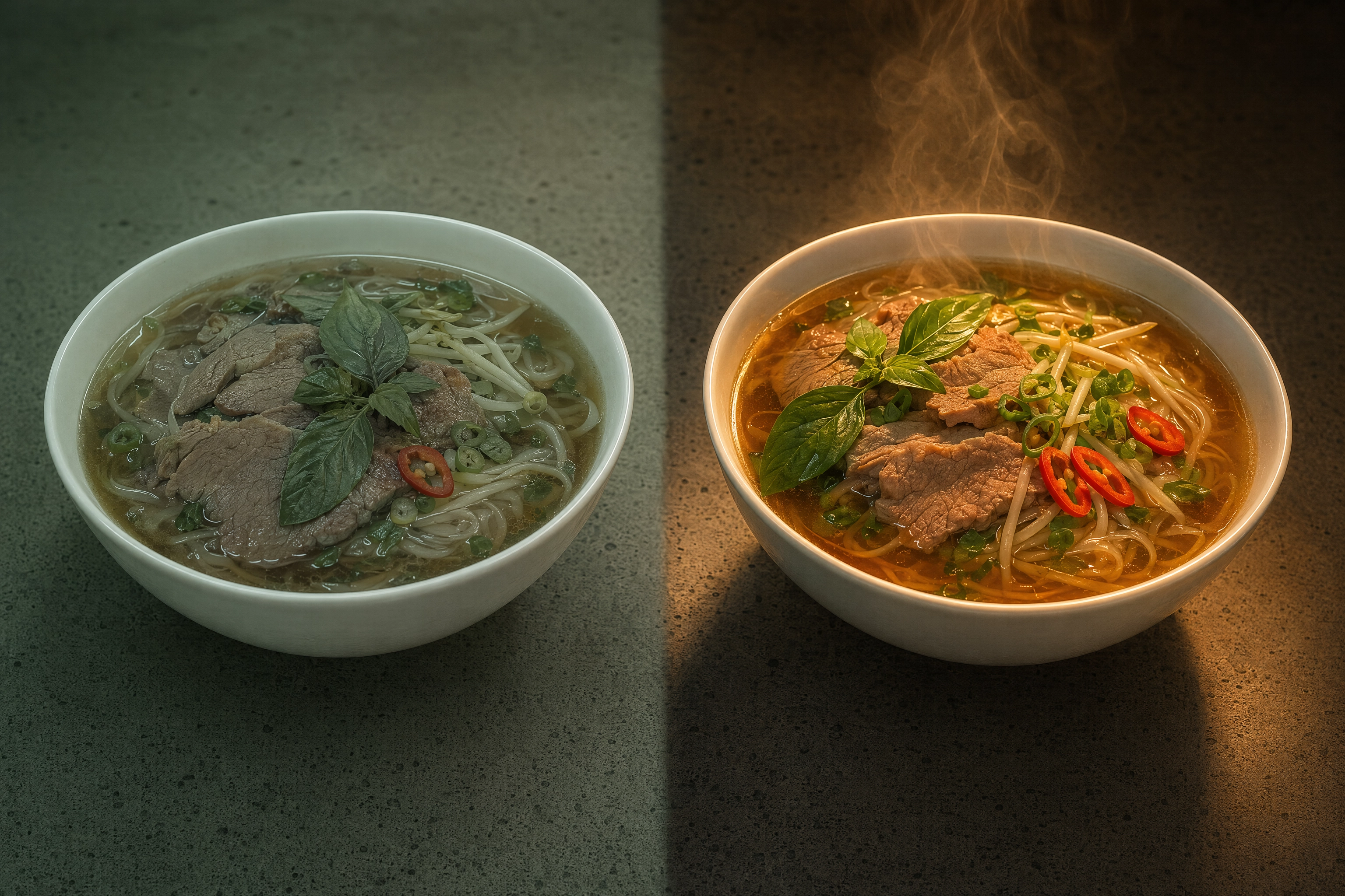 Identical bowls of pho side by side under flat fluorescent light and a warm key light, the gap AI food photography closes