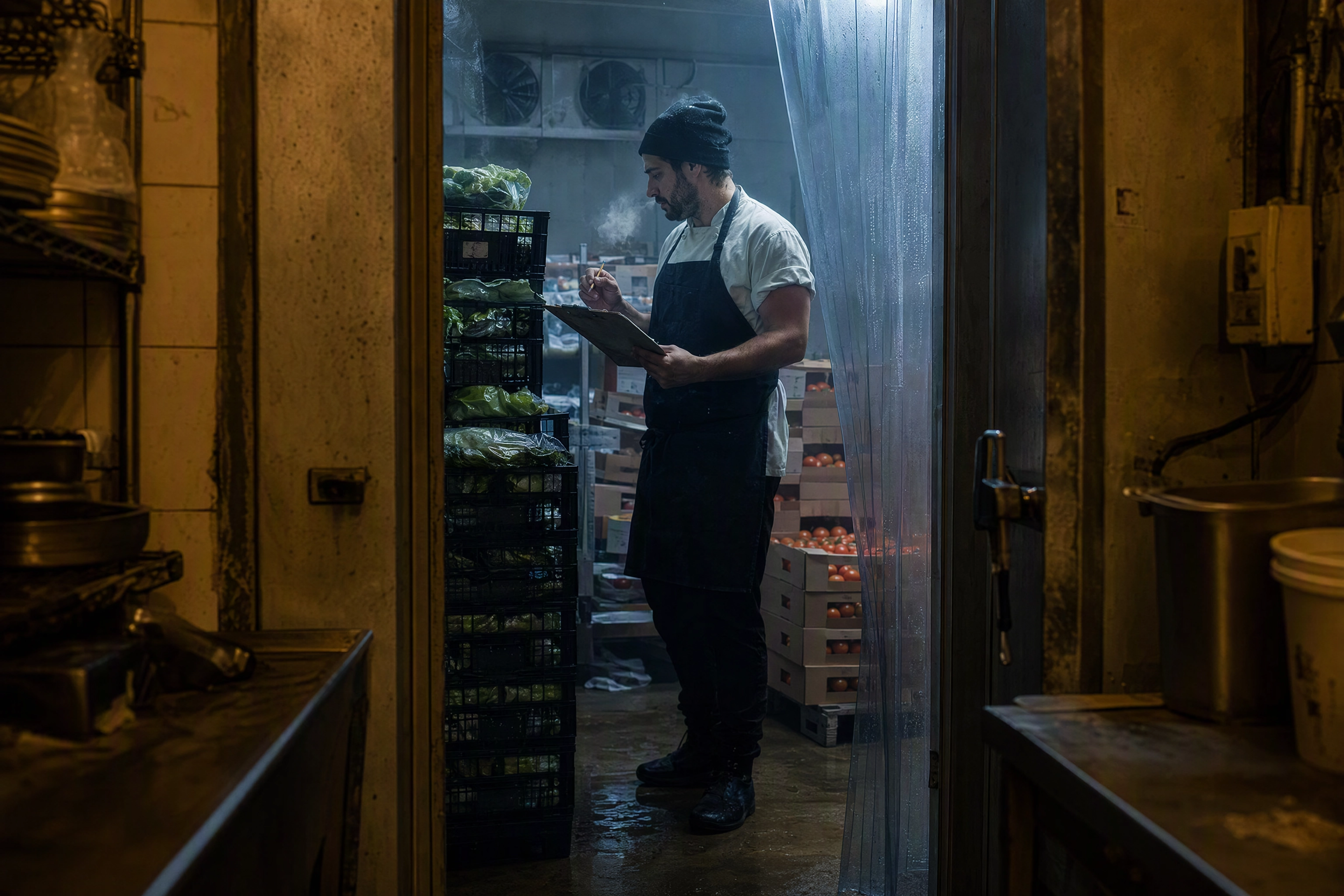 Line cook counting produce crates in a walk-in cooler at dawn, the inventory work back-of-house AI tools automate