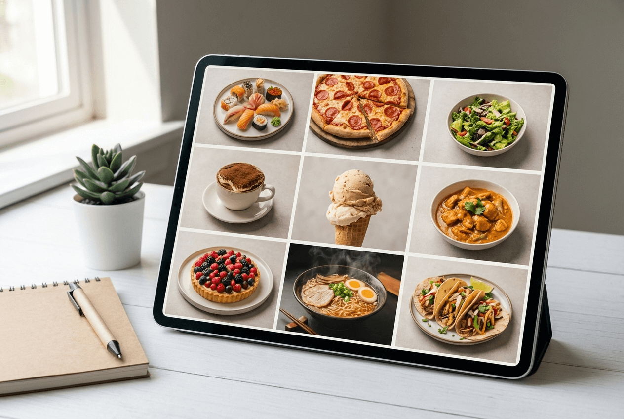 Tablet displaying grid of food photos with consistent AI-enhanced styling across diverse dishes