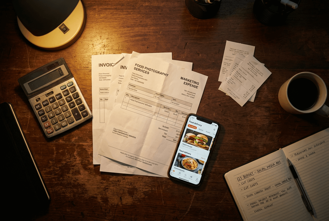 Restaurant food photography budget planning with invoices and delivery app photos on desk