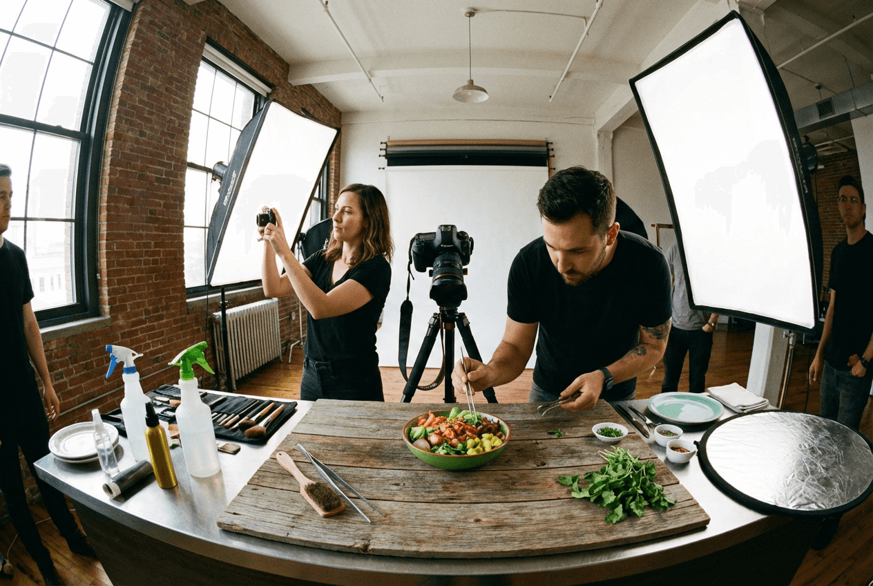 Professional food photography session with photographer and food stylist working in studio