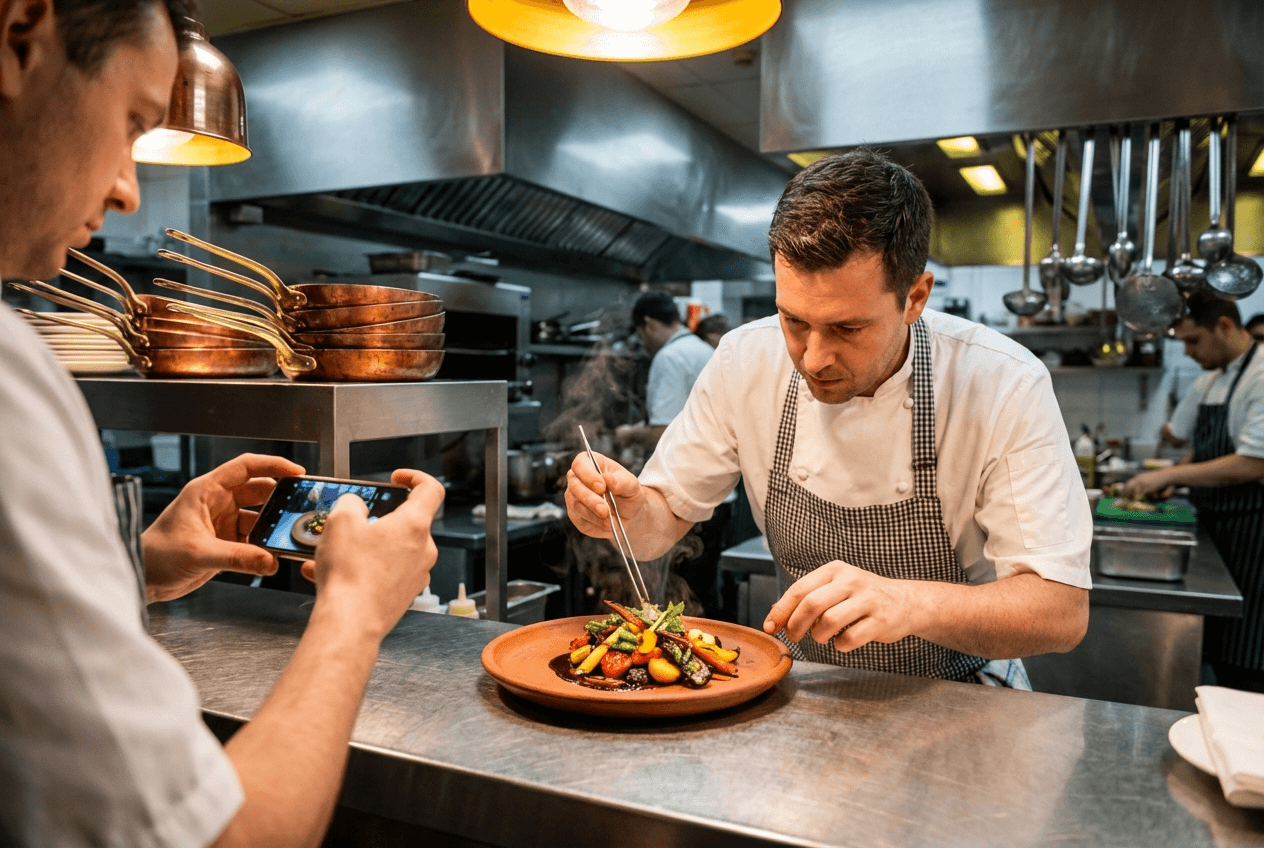 Chef plating seasonal dish in restaurant kitchen while team member photographs with smartphone