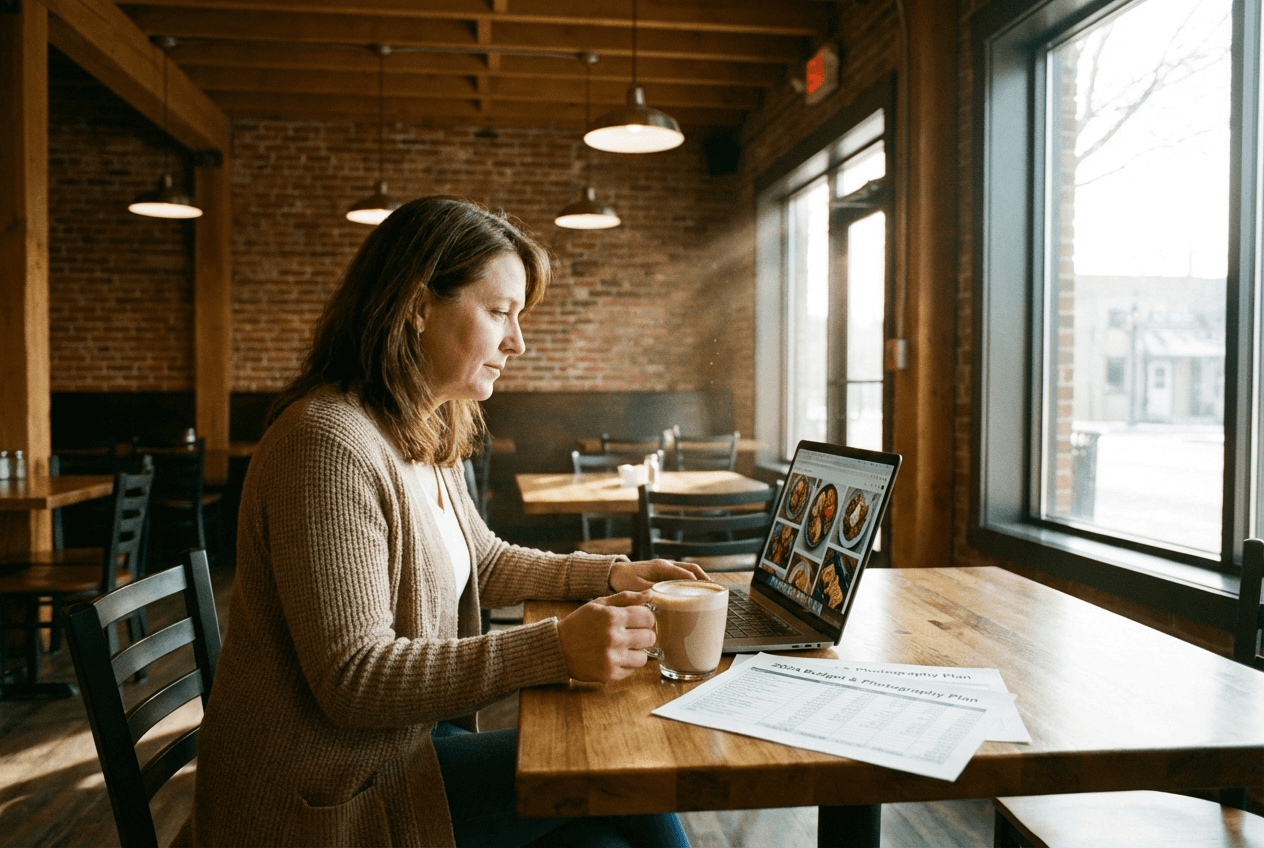 Restaurant owner reviewing food photography options and budget on laptop in morning light