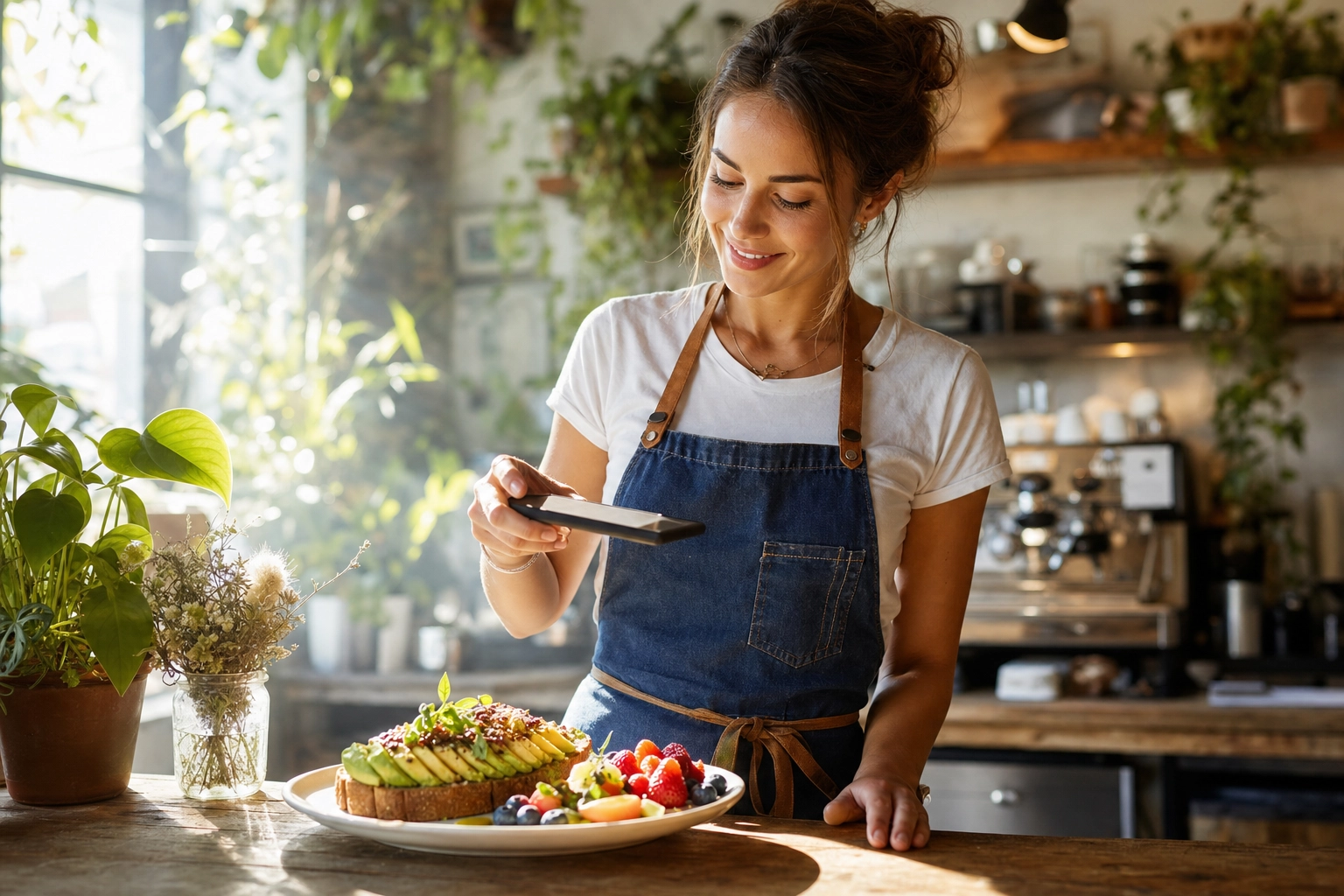 Cafe owner casually photographing a brunch plate with a phone, showing fast effortless AI food editing with no skills needed