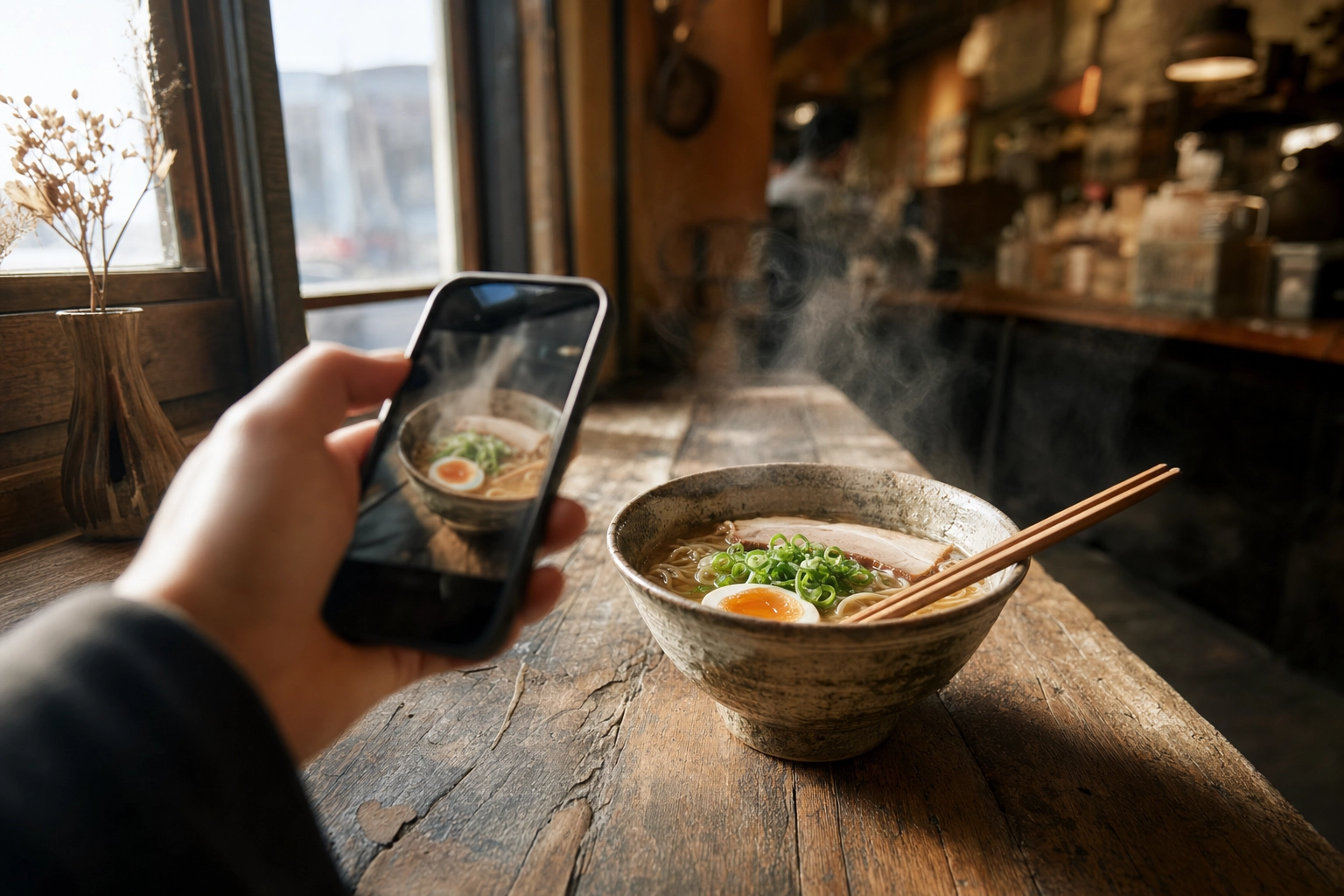 Hand photographing a steaming ramen bowl by a window, showing the shoot-then-enhance step of a hybrid food editing workflow