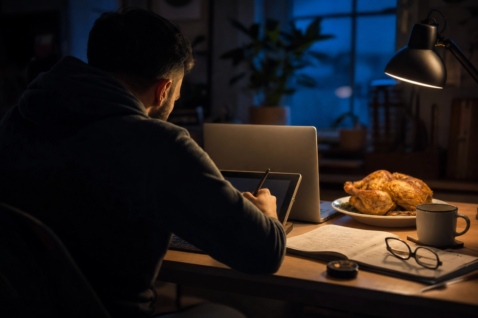 A food business owner editing a dish photo manually at night, showing the slow time-consuming Photoshop learning curve
