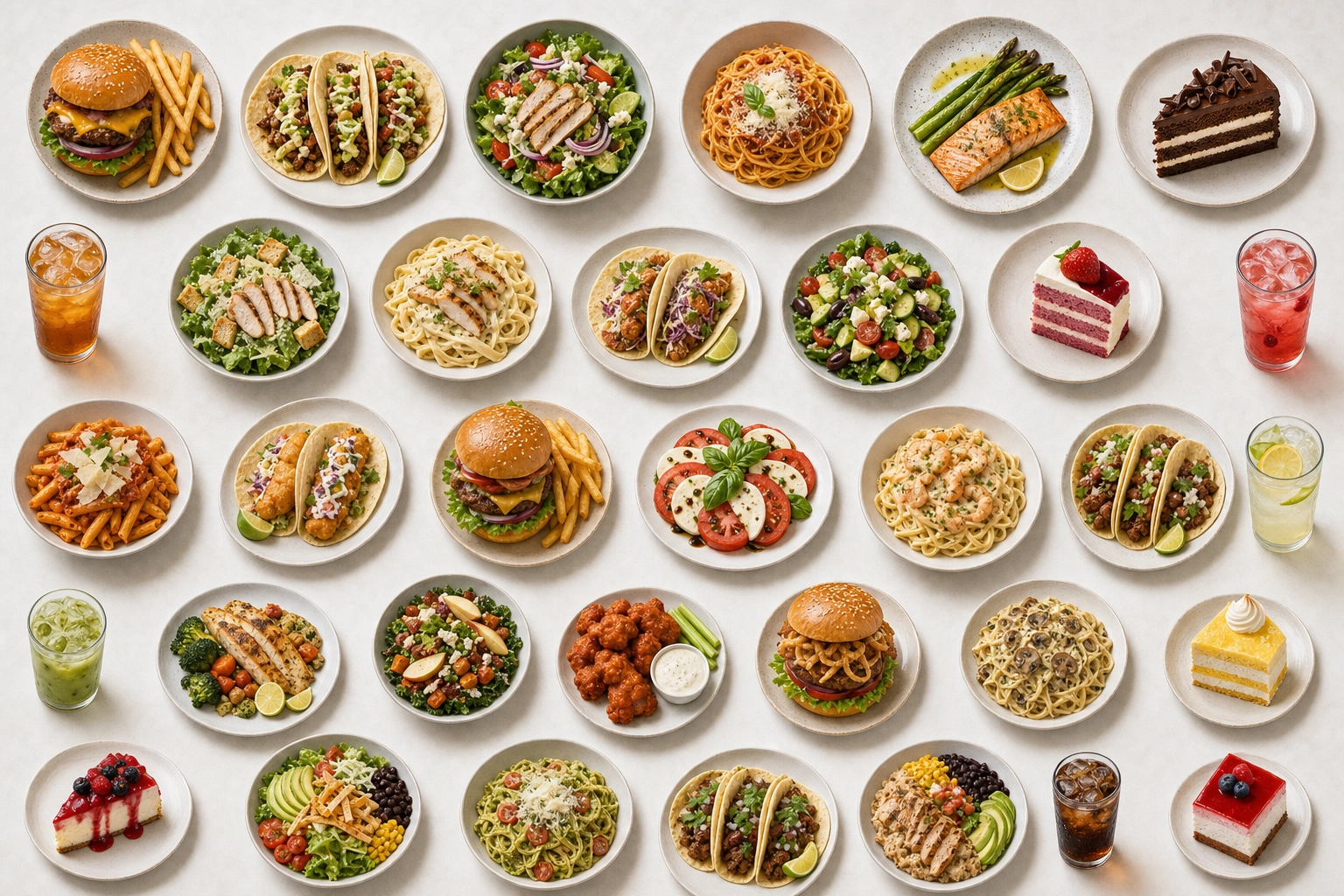 Overhead grid of two dozen plated menu dishes illustrating the volume of editing 30 menu photos at once