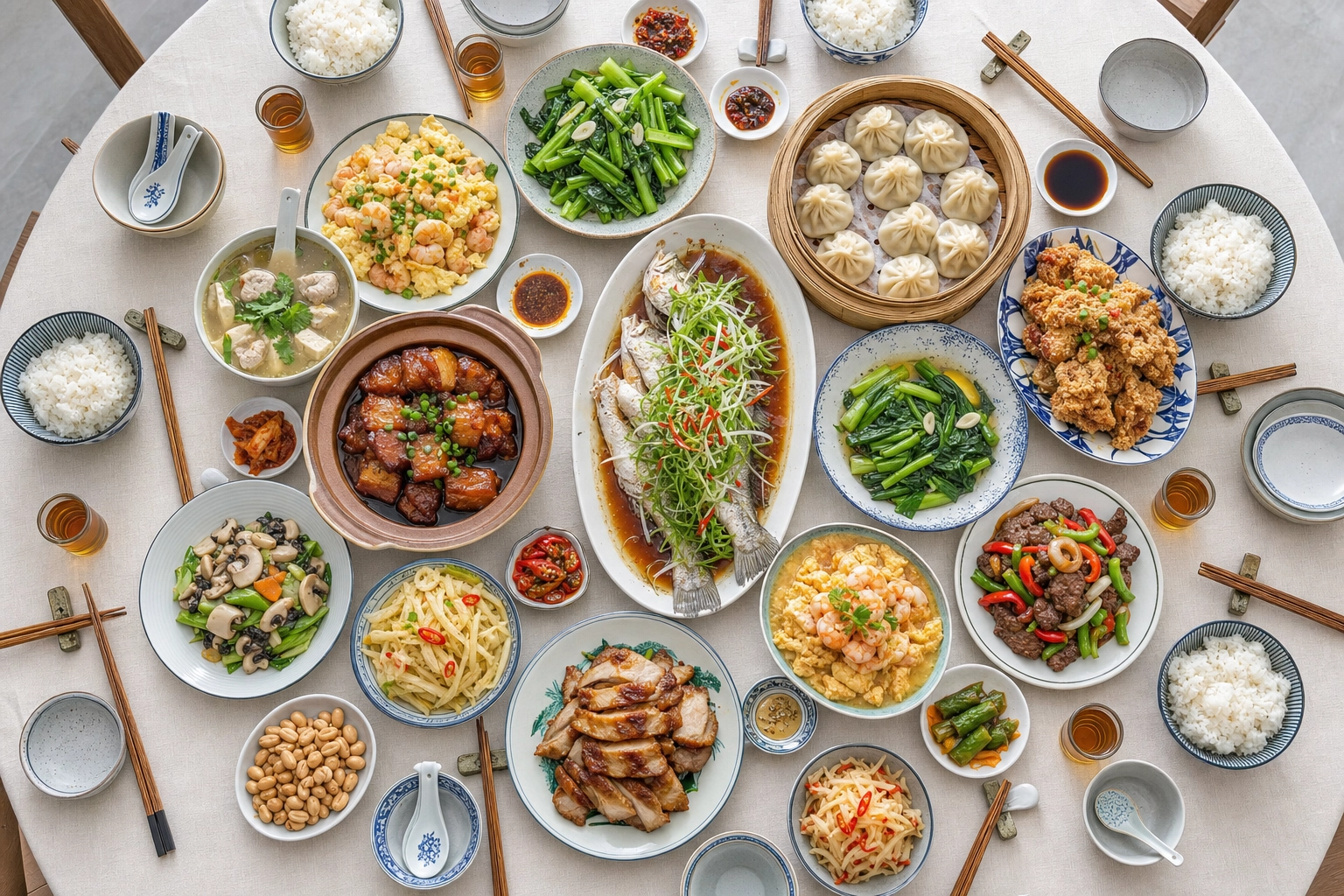 Overhead flat-lay of a family-style Asian dinner with a dozen shared dishes arranged by color on a round table