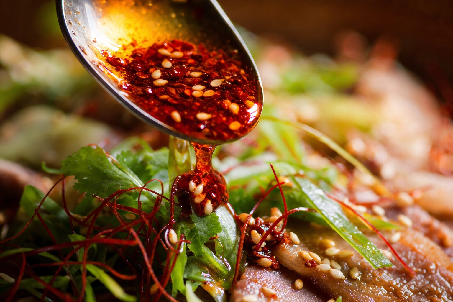 Macro close-up of glossy chili oil drizzled over fresh cilantro, scallion and chili threads garnishing an Asian dish