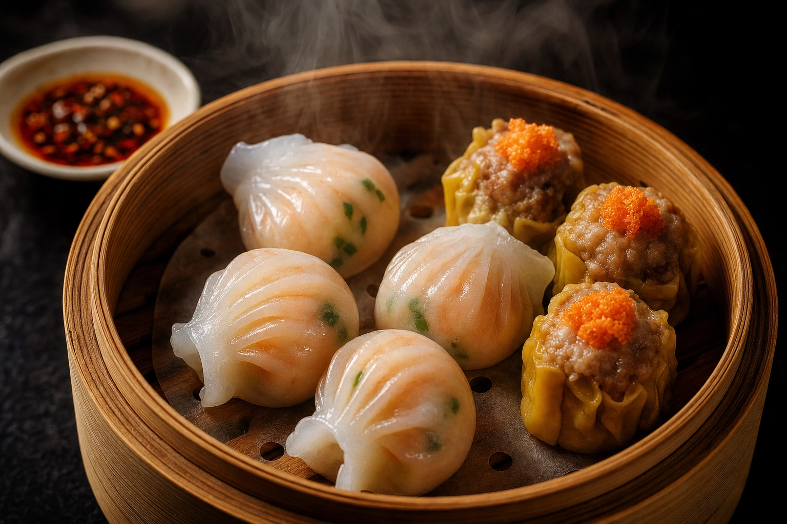 Translucent har gow and golden siu mai dim sum in a bamboo steamer with rising steam against a dark background