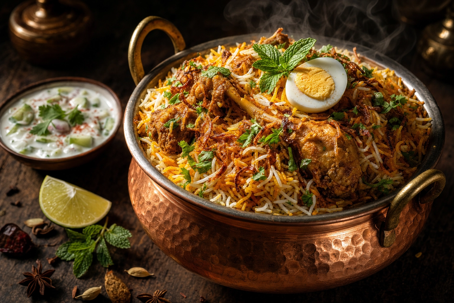 Chicken biryani in a copper handi with layered saffron rice, fried onions, boiled egg and mint beside raita