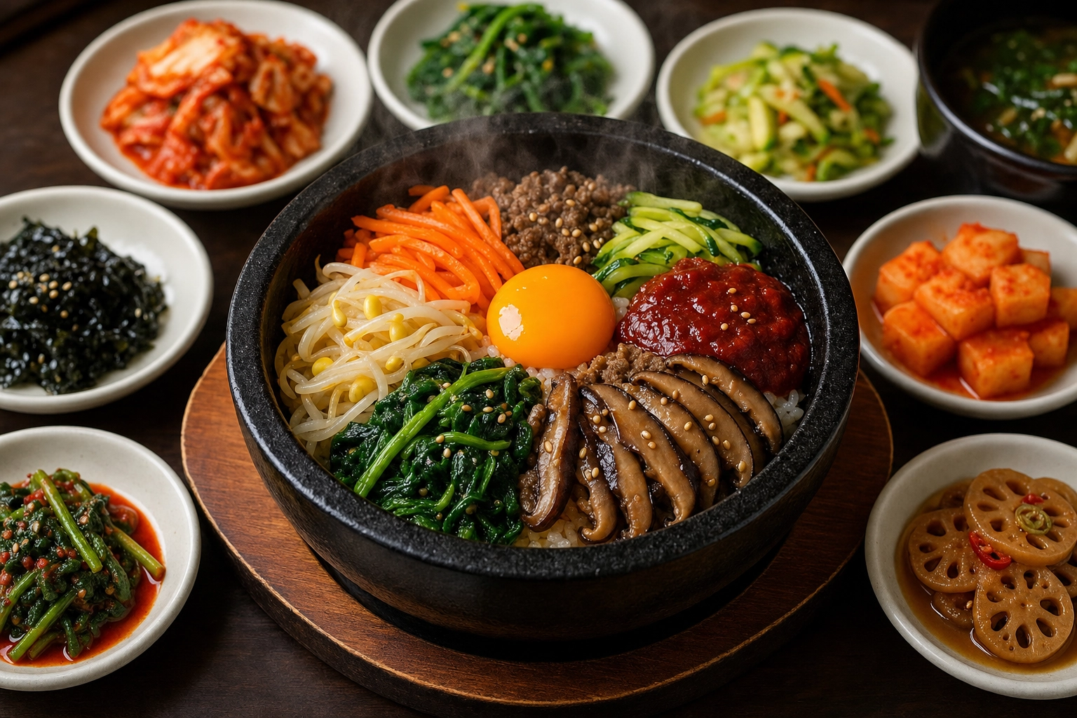 Korean dolsot bibimbap with colorful vegetables and egg arranged in sections, surrounded by banchan side dishes