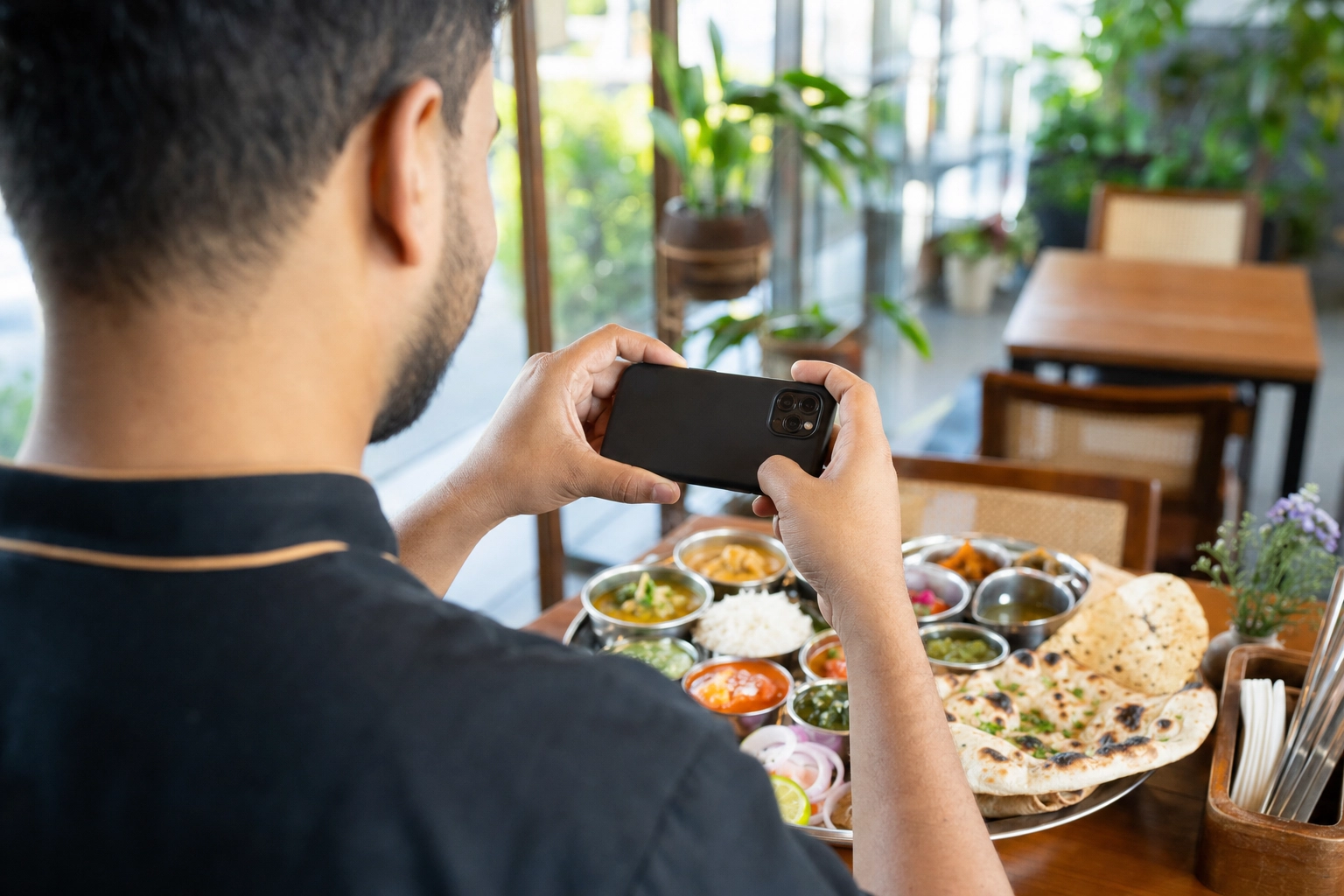 Restaurant owner photographing a colorful Indian thali with a smartphone from above in a bright modern dining room