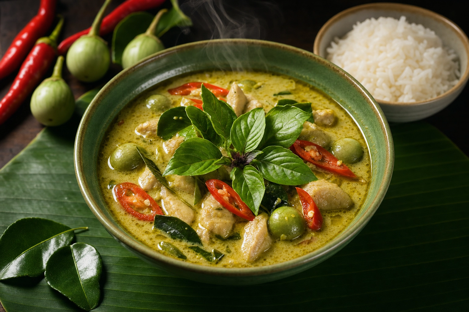 Thai green curry in a bowl on a banana leaf with coconut broth, Thai basil and chili, vibrant 45-degree shot