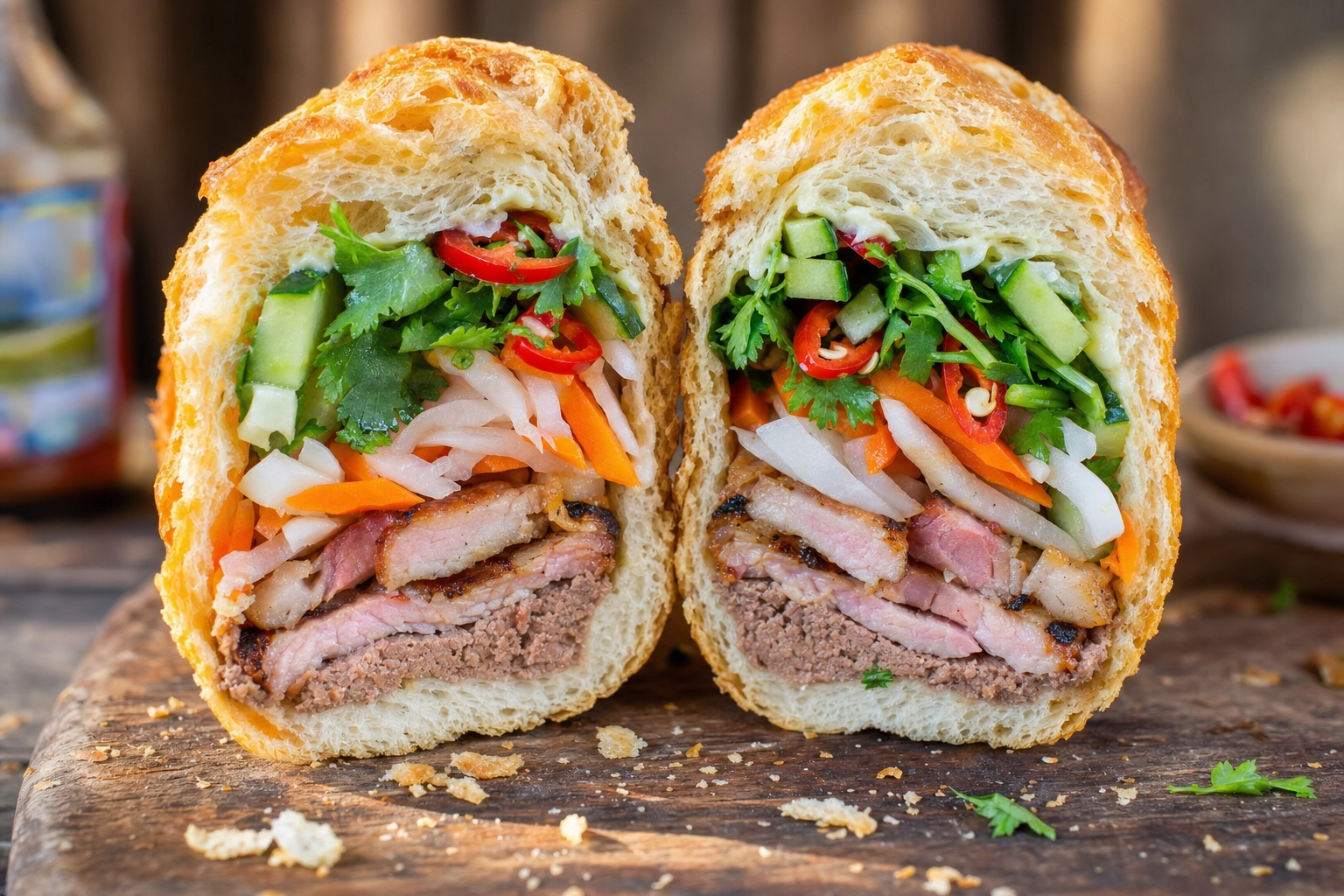 Vietnamese banh mi sliced to show the cross-section of pork, pâté, pickled carrot, daikon, cilantro and chili