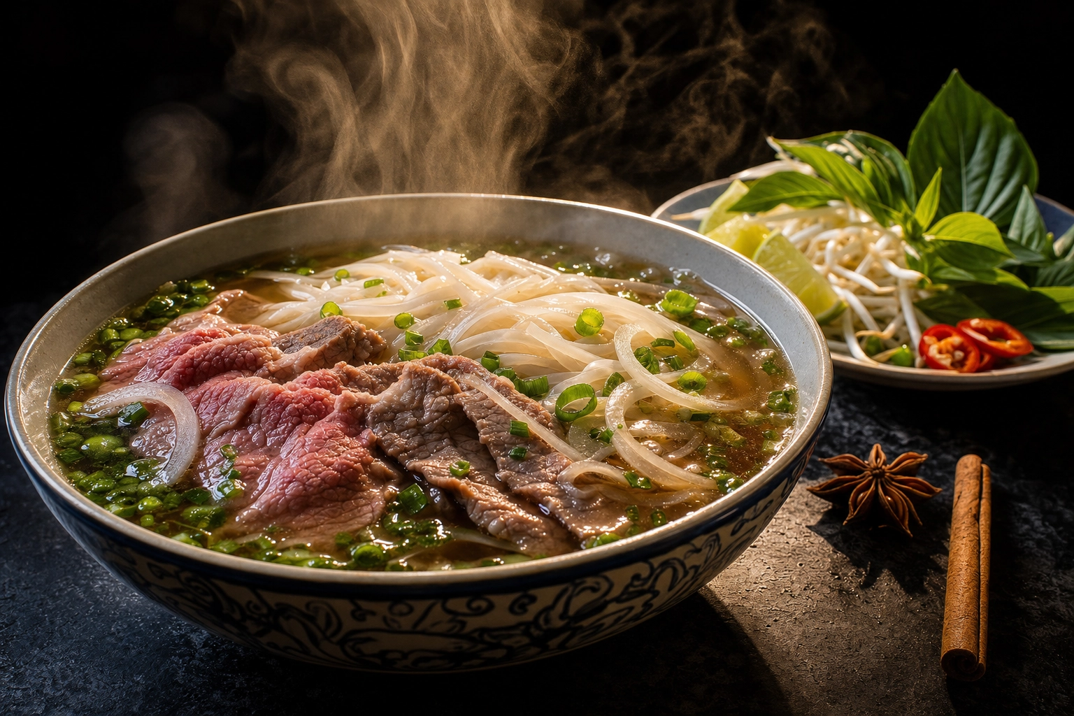 Steaming bowl of Vietnamese pho with backlit broth, rice noodles and beef beside a herb plate of Thai basil and lime