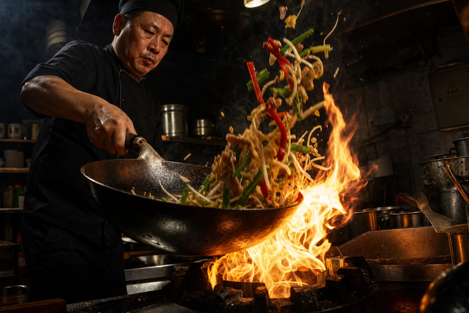 Cook tossing a flaming wok with vegetables flying mid-air in a dark kitchen, energetic Asian stir-fry action shot