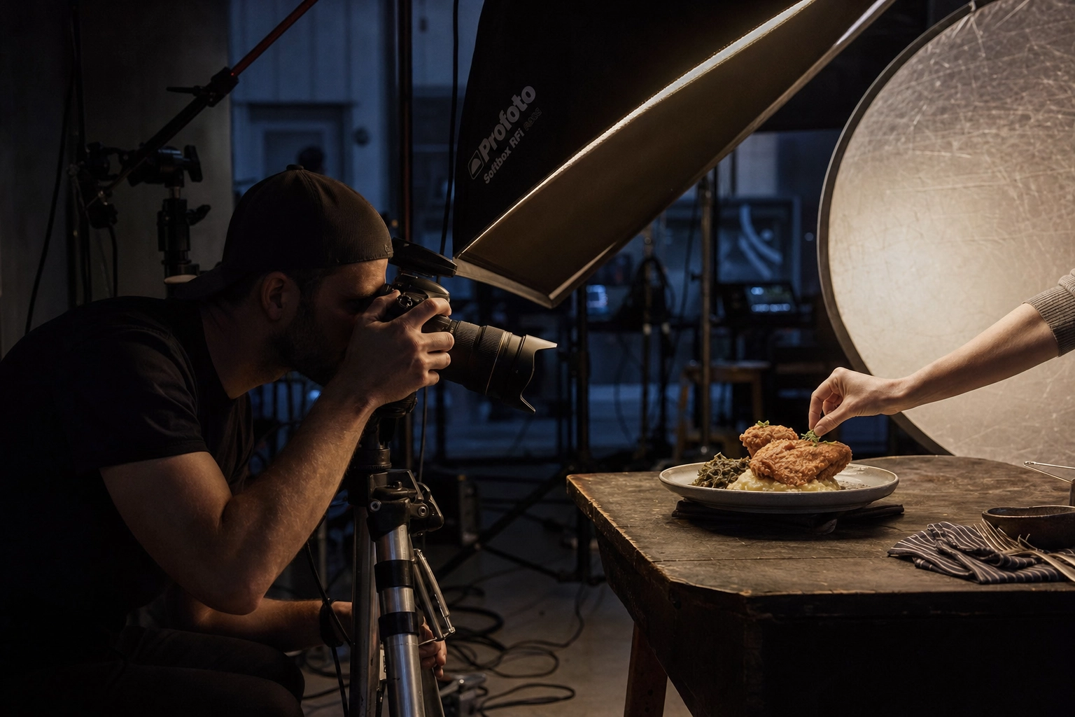 Professional food photographer shooting a plated Southern dish with studio lighting, softbox and food stylist