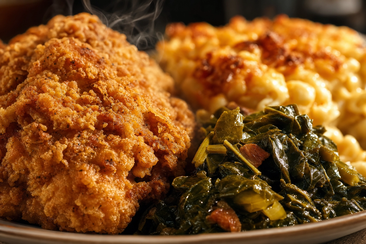 Macro close-up of golden fried chicken, collard greens and baked mac and cheese — classic Atlanta soul food