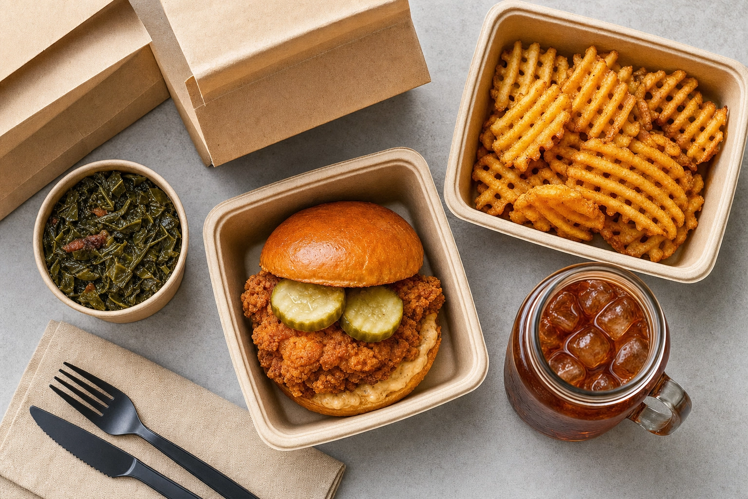 Overhead flat-lay of Southern takeout food in kraft containers ready for delivery apps like Uber Eats